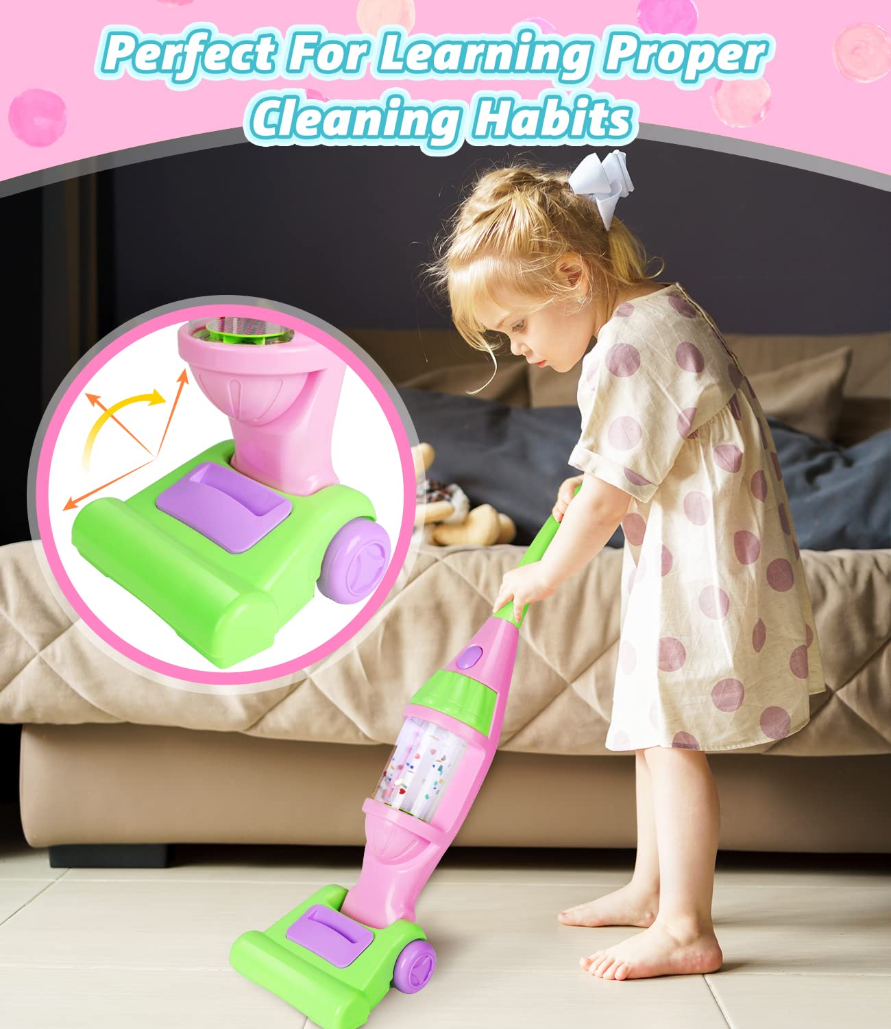 **Kids Toy Vacuum Cleaner with Lights, Sounds & Whirling Stars - Pretend Play Cleaning Set for Toddlers & Preschoolers - Fun Learning Housekeeping Toy for Girls & Boys (Pink) - Perfect for Indoor Play & Role-Playing Games**