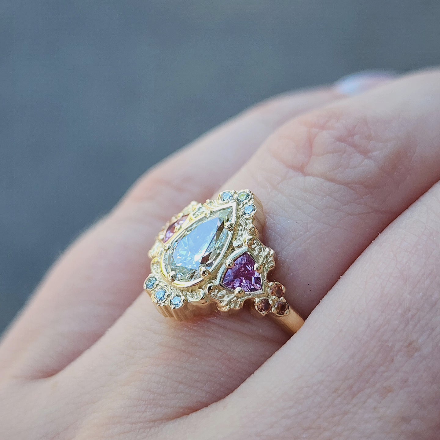 Ophelia Filigree Engagement Ring in 14k Gold with Trillion Cut Stones - Elegant Wedding Band for Proposals, Anniversaries & Romantic Occasions