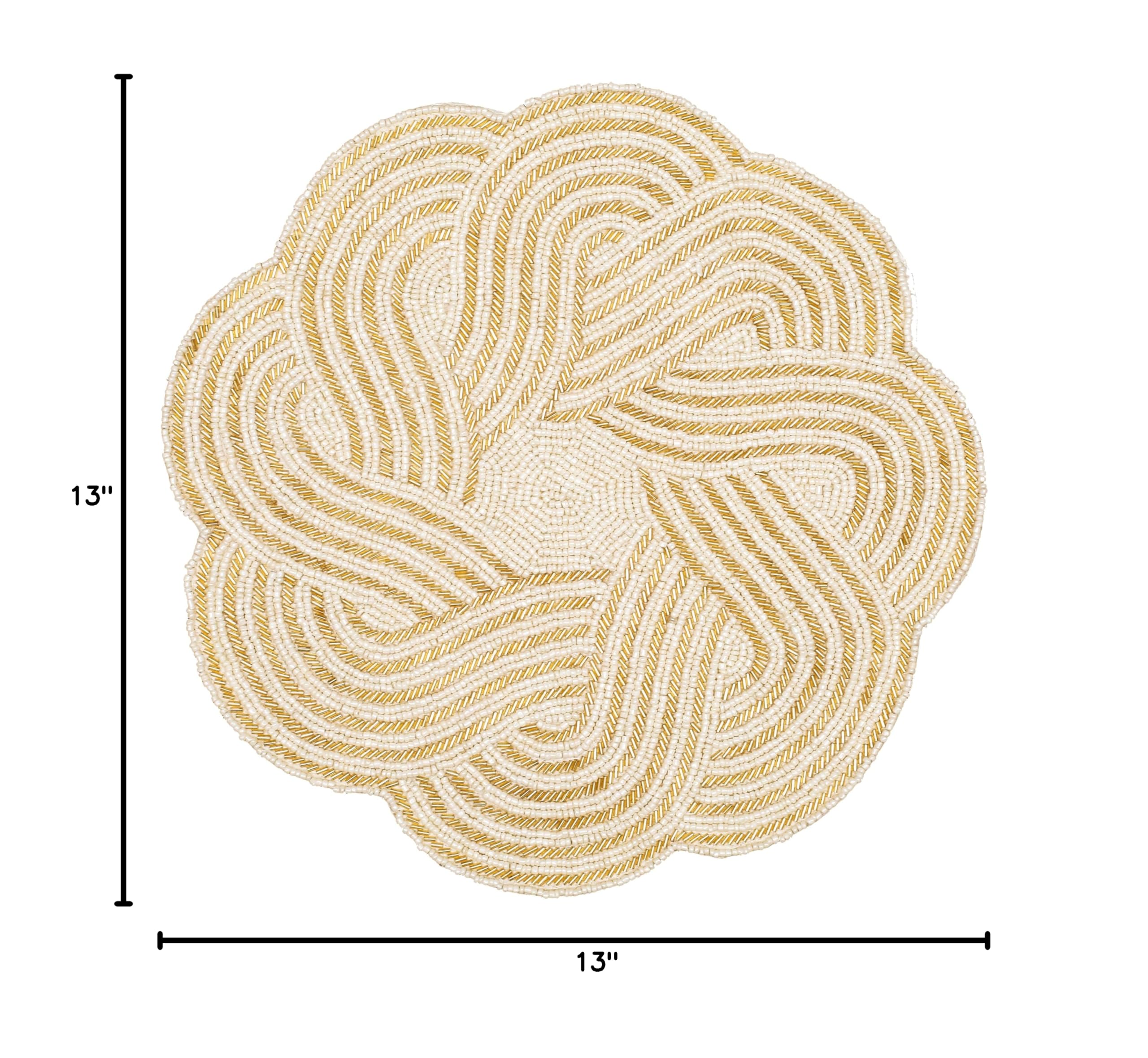 ALPHA Living HOME Handmade Round Beaded Placemats - 13 Inch Elegant Table Mats for Dining, Coffee Table, Wedding & Holiday Decor - Ivory - Perfect for Thanksgiving, Christmas Parties & Home Décor
