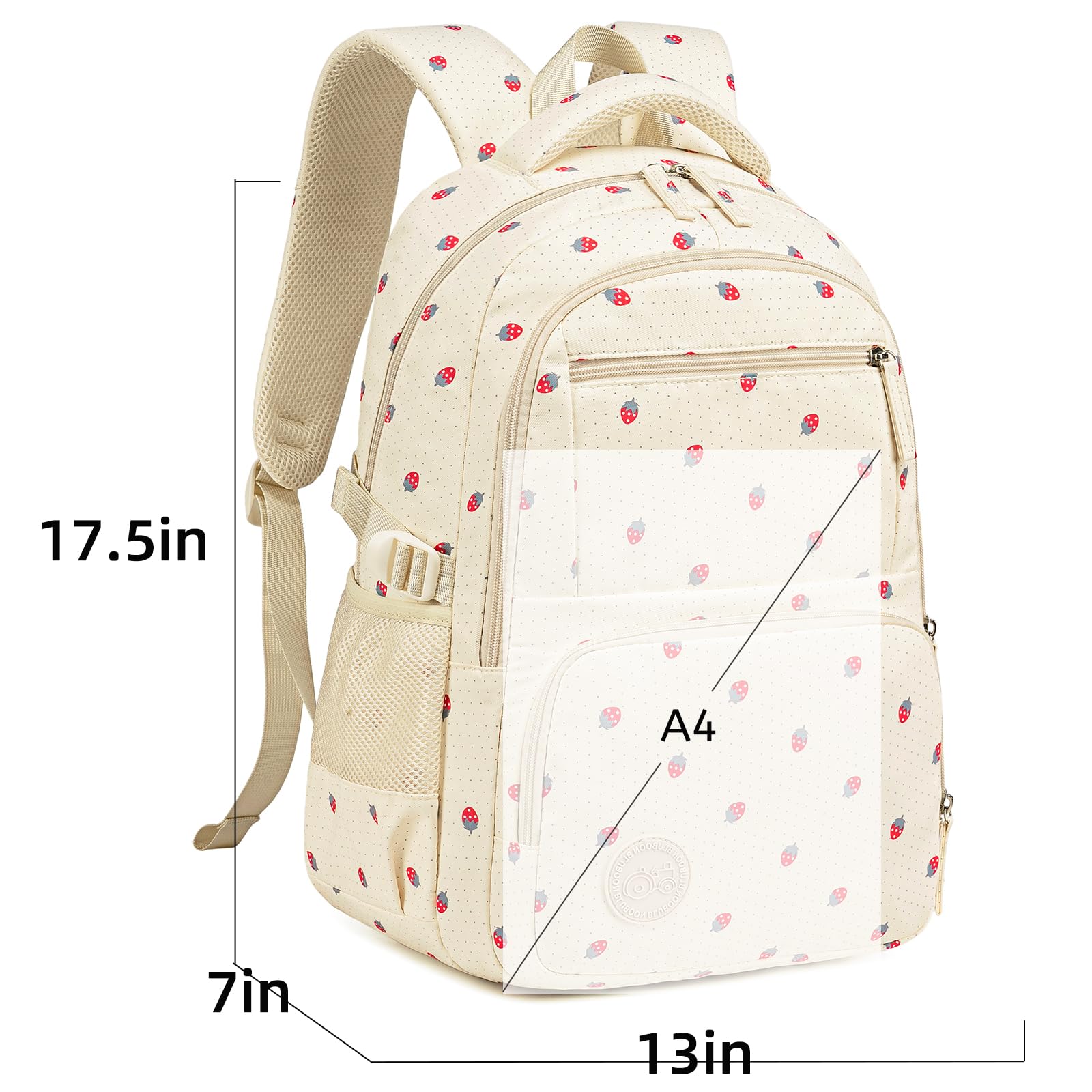 Bluboon Cute Strawberry Beige Backpack for Girls Ages 8-12 - Durable School Bookbag with Padded Straps for Comfort - Perfect for School, Travel & Daily Use