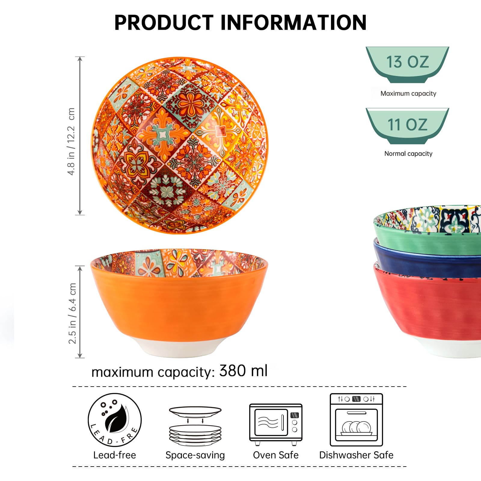 Henten Home 12 oz Ceramic Small Bowls Set of 4, Porcelain Snack Bowls for Soup, Salad, Rice, Ice Cream - Microwave & Dishwasher Safe Mosaic Style - Perfect for Dining, Entertaining & Everyday Use