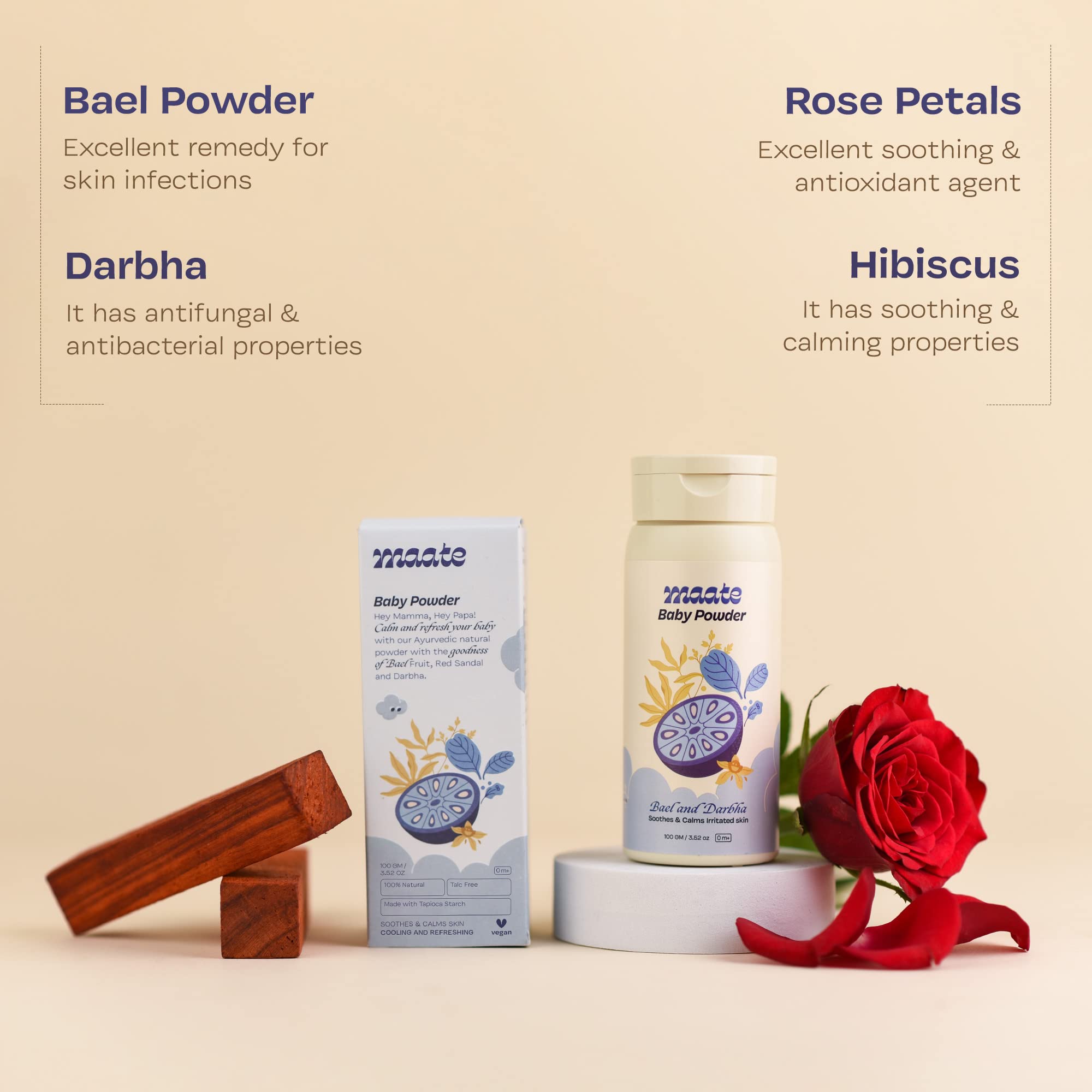 MAATE Talc-Free Natural Ayurvedic Baby Powder (100g) - Enriched with Bael Powder, Darbha, Rose Petals & Hibiscus for Soothing & Moisturizing Baby's Skin | Gentle Diaper Rash Prevention & Daily Care for Newborns & Infants