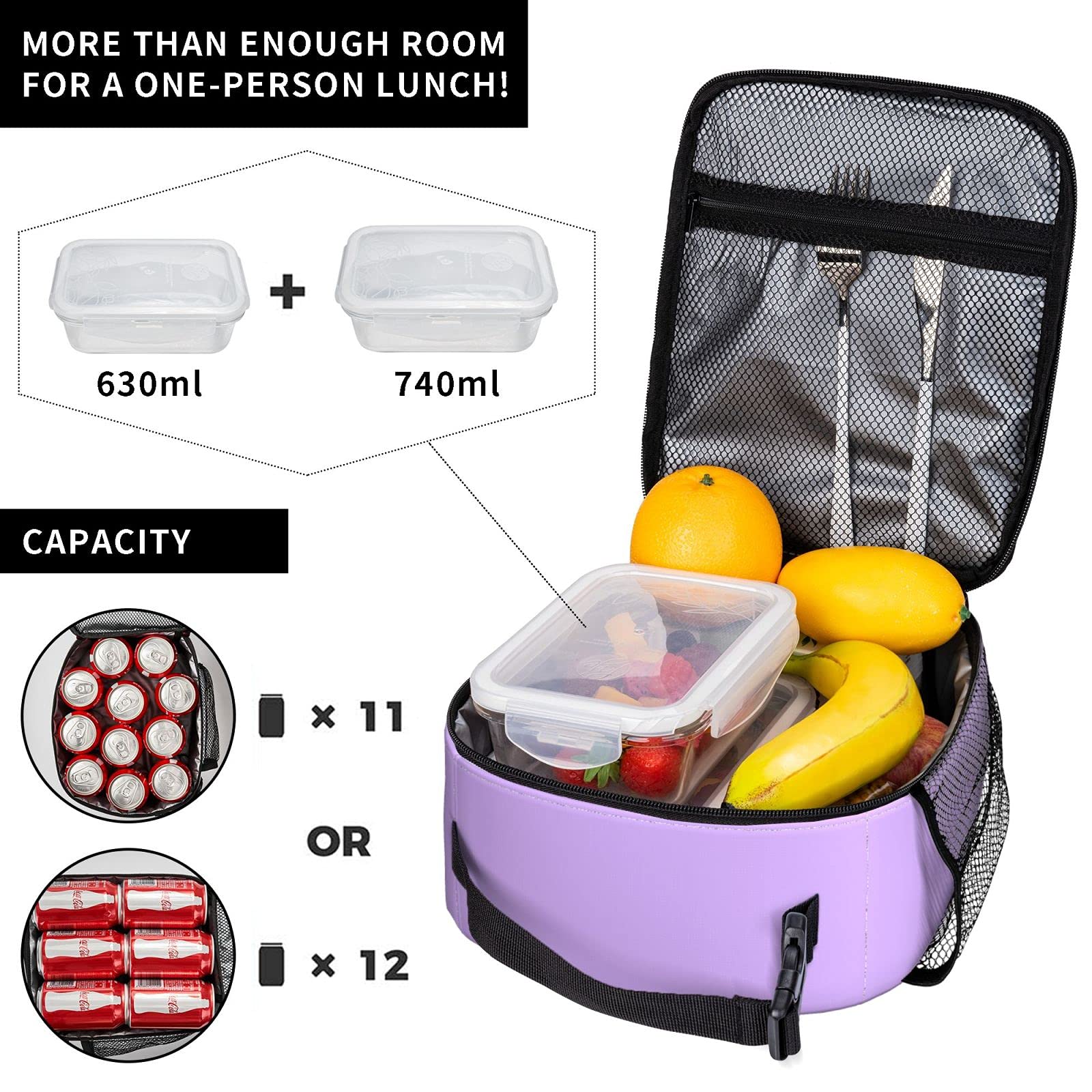 Premium Insulated Lunch Bag for Adults - Purple Thermal Tote Cooler with Side Pockets | Leakproof & Durable | Perfect for Work, School, Picnics & Outdoor Activities