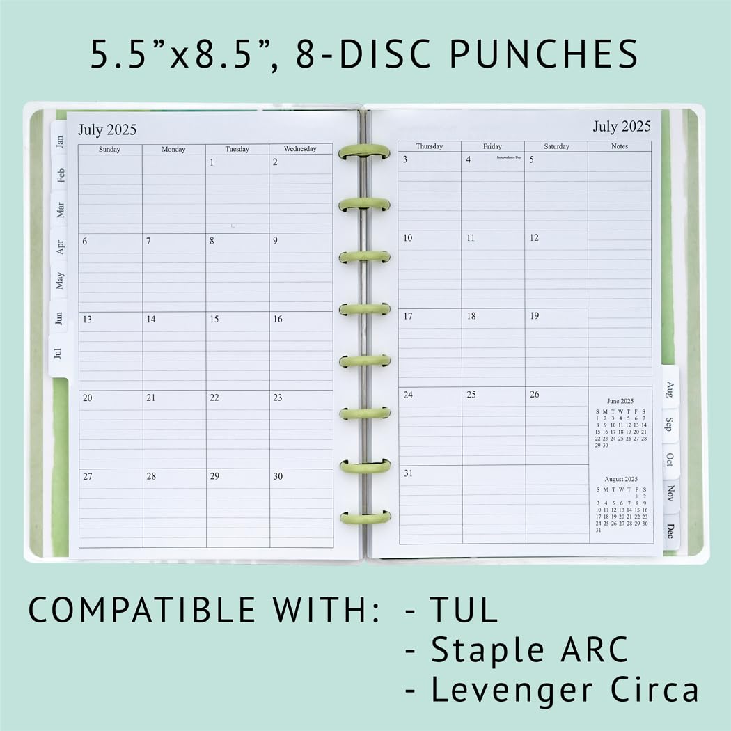 2025 Weekly & Monthly Planner Refill for 8-Discbound Planners - 2 Pages Per Week, Junior Size 5.5