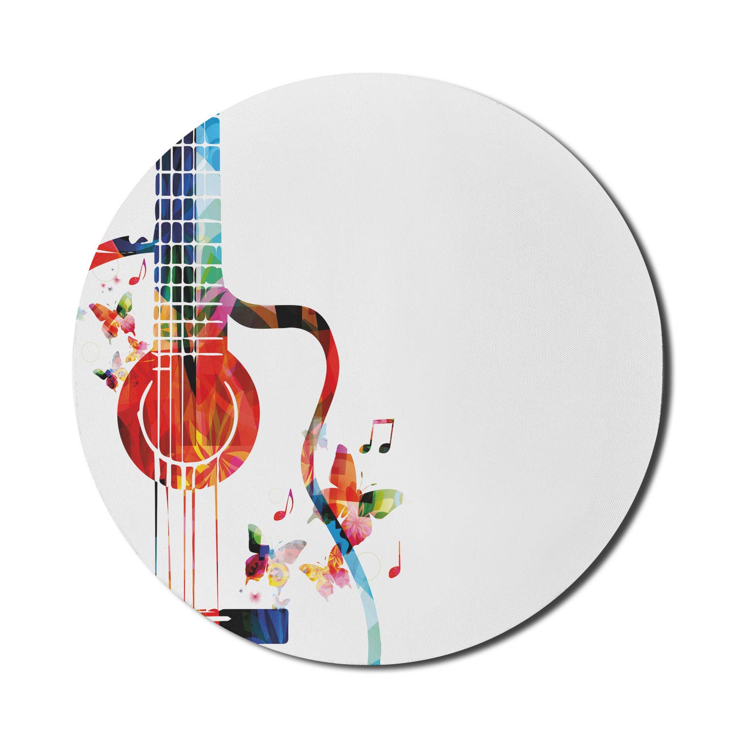 Ambesonne Round Guitar Mouse Pad - Colorful Polygonal Musical Instrument Design with Butterflies & Nature Theme - 8