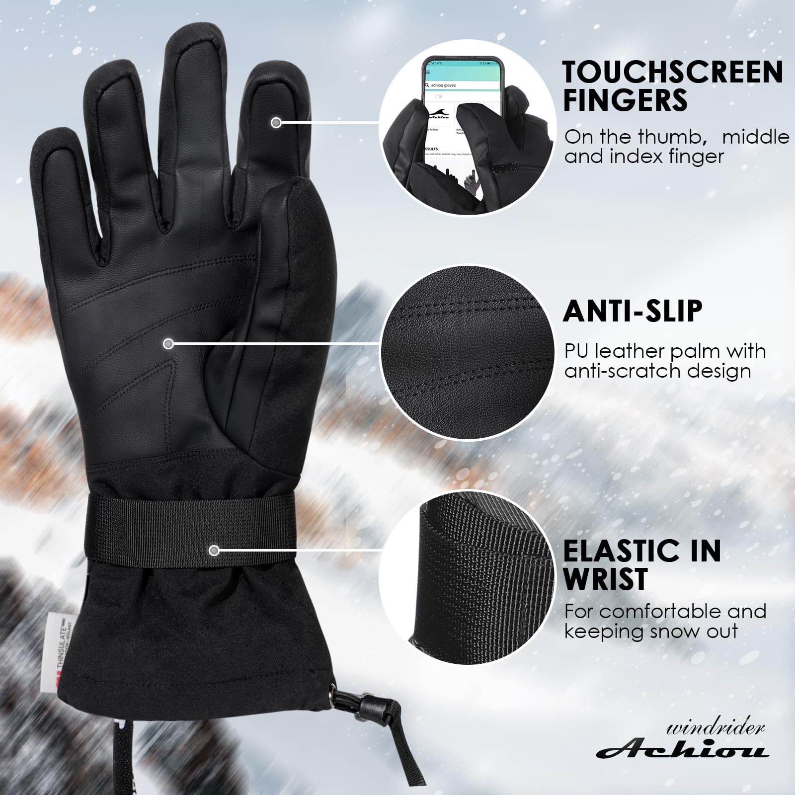 Achiou Waterproof Ski Gloves for Men & Women - Winter Cold Weather Touchscreen Snow Mittens for Skiing, Snowboarding & Outdoor Activities