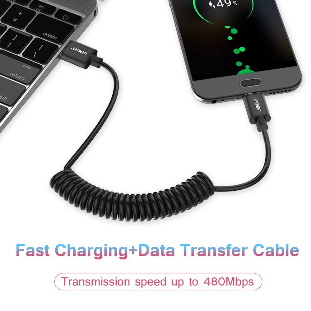 2-Pack 4ft Coiled USB C Fast Charging Cable for Car - Spring USB Type C Charger Compatible with Samsung Galaxy S10/S9/S8/Note 8/9, LG G7/G6/G5, Google Pixel 2 - Durable & Tangle-Free (Black) - Perfect for Road Trips & Daily Commuting