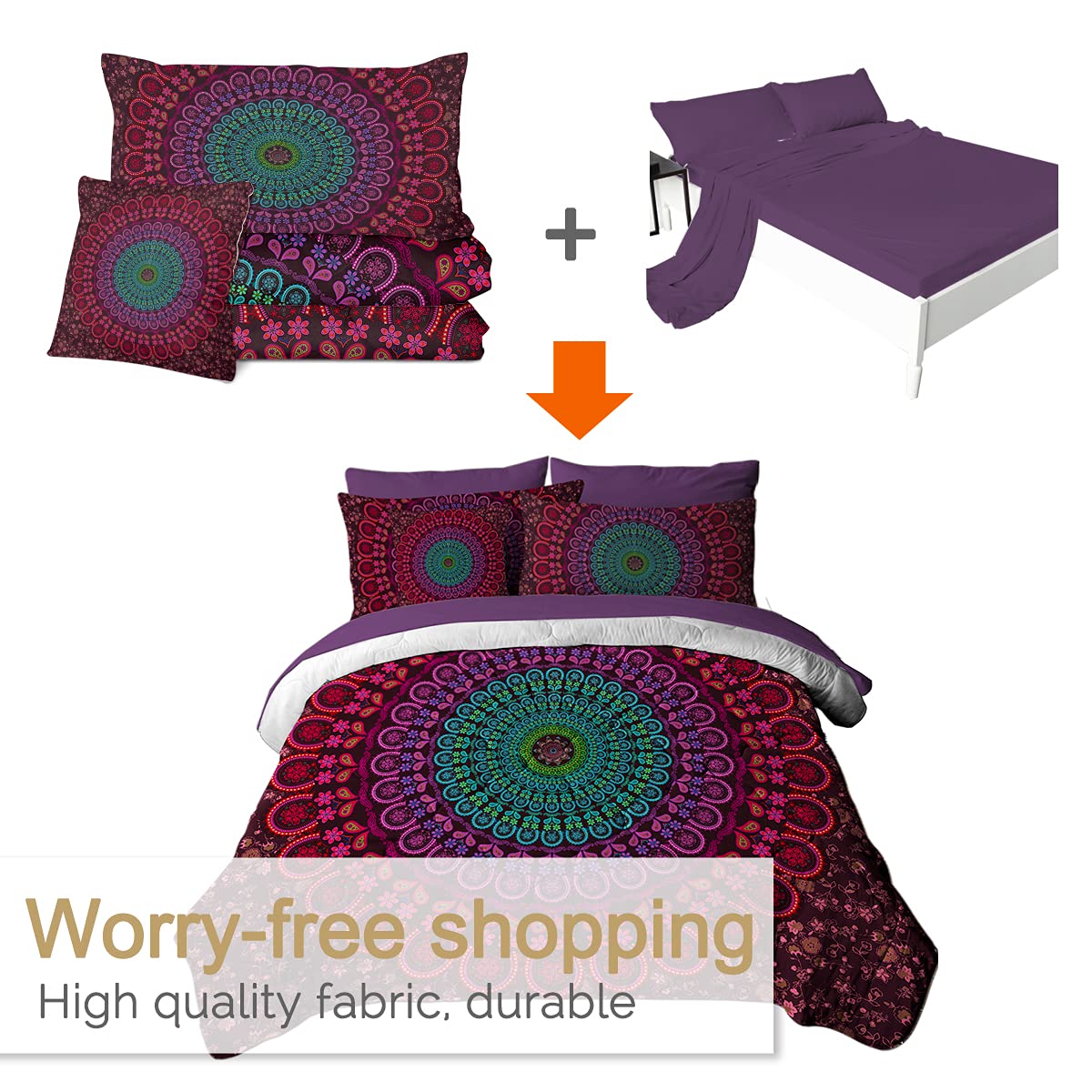 Bohemian Queen Bedding Set - 8 Piece Mandala Quilt Comforter Set with Sheets & Pillow Shams (Red) - Perfect for Boho Chic Bedroom Decor, Guest Room, or Dorm Room