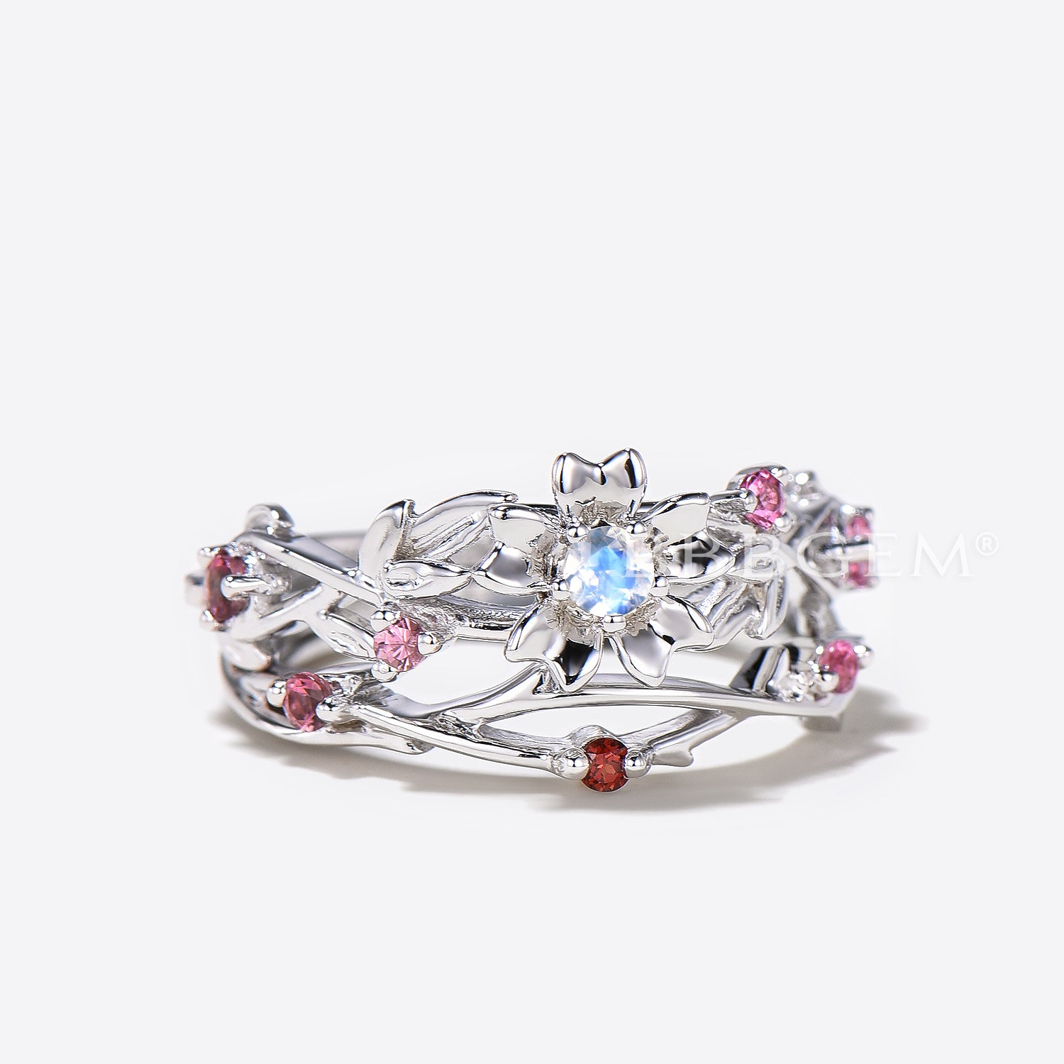 Twisted Round Moonstone Floral Engagement Ring - Nature Inspired Tourmaline Bridal Set for Wedding, Proposal & Anniversary Gifts | Handmade Sterling Silver Jewelry for Women