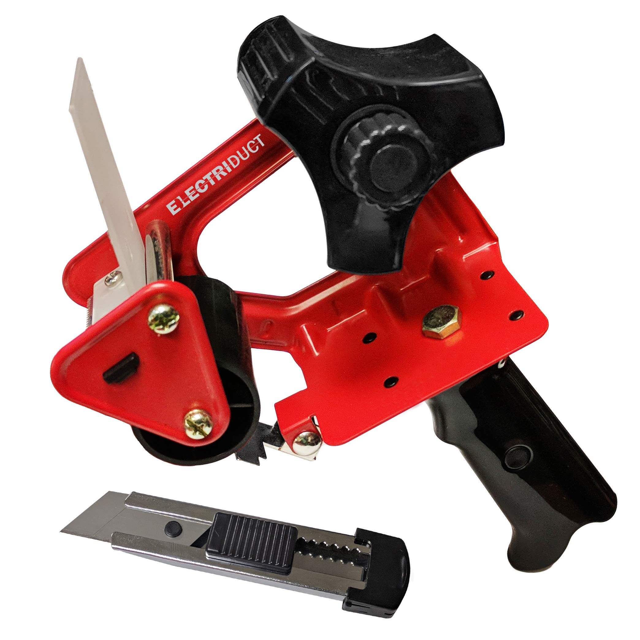 Heavy Duty Metal Packing Tape Gun for 2 Inch Wide Tape with Built-In Utility Knife (3 Inch Core) - Red | Durable Shipping & Packaging Tool for Moving Boxes, Warehouse & Office Use