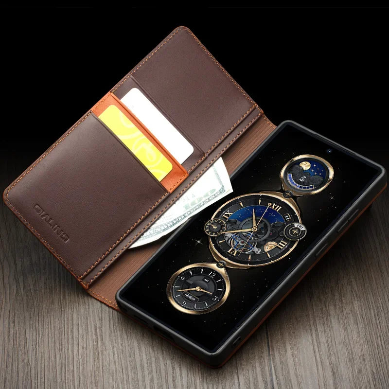 Samsung Galaxy S25 Ultra Genuine Leather Flip Wallet Case - Retro Style Protective Cover with Card Slots for Daily Use & Travel Accessories