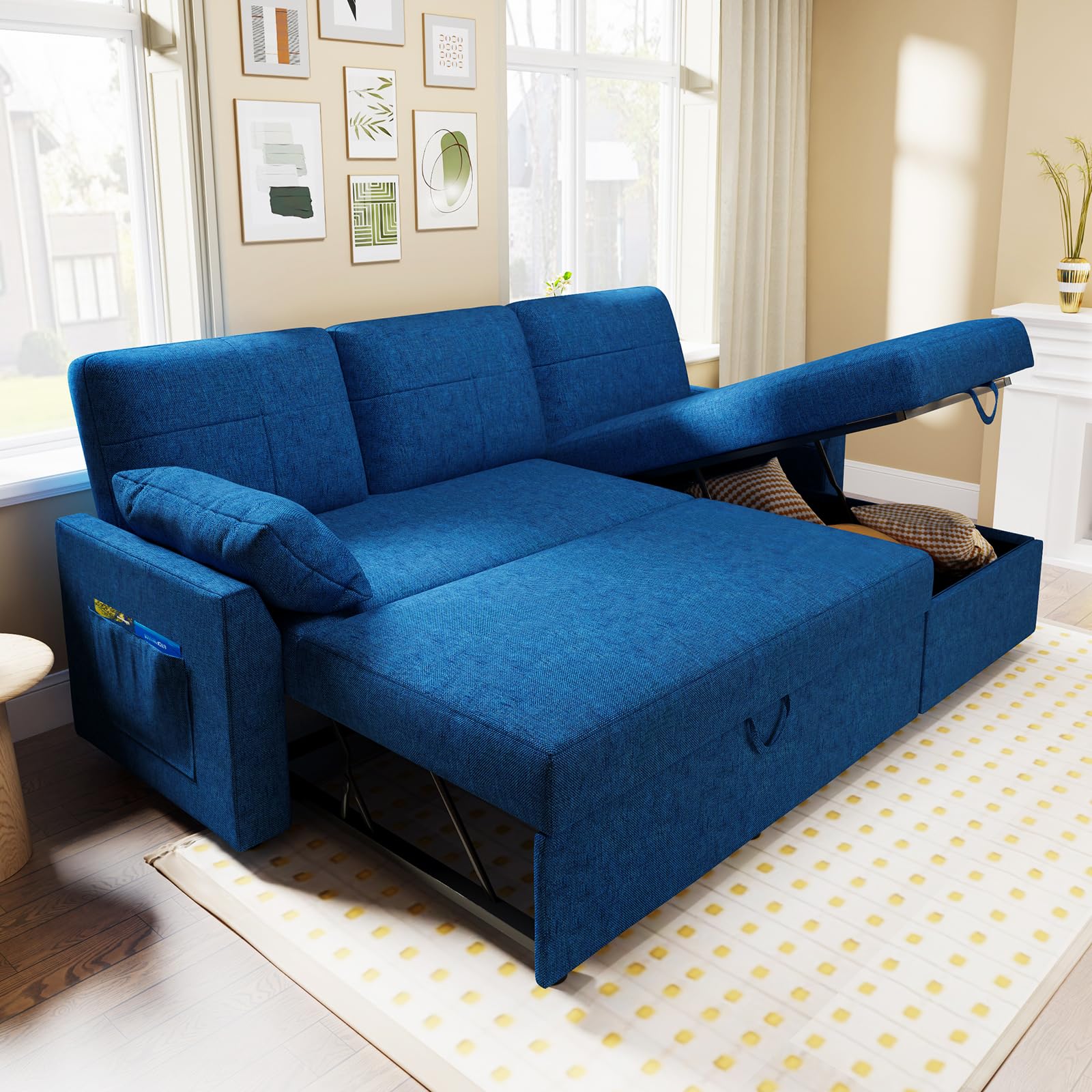 VanAcc 2-in-1 Sleeper Sofa Bed with Storage Chaise - Convertible Pull Out Couch for Small Spaces, Guest Room & Living Room - Soft Linen Blue Fabric - Perfect for Apartments, Dorms & Home Offices