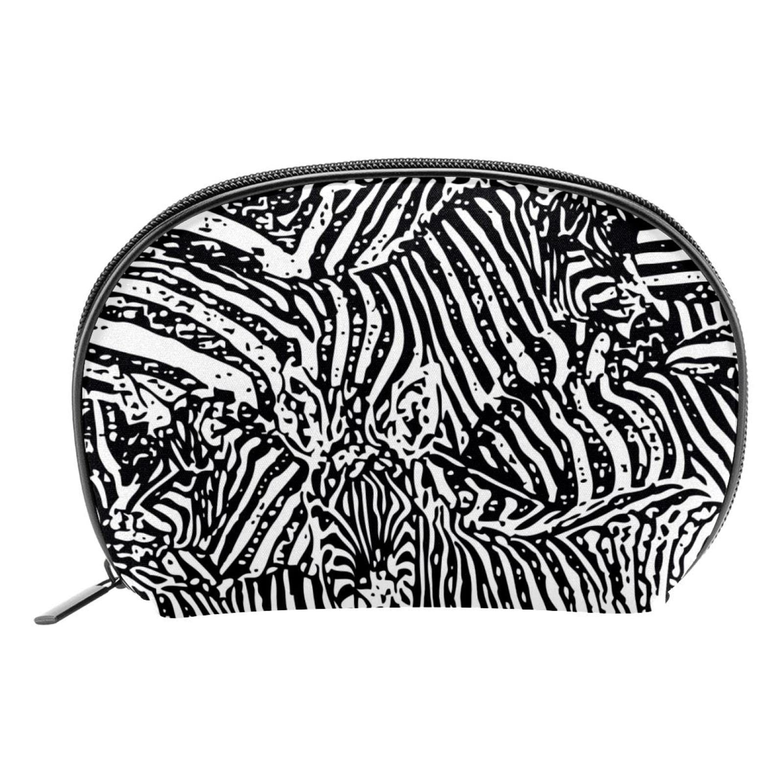 Small Makeup Bag for Women - Half Moon Cosmetic Pouch & Travel Toiletry Organizer - Black and White Zebra Print - Perfect for Travel, Gym, and Daily Beauty Essentials Storage