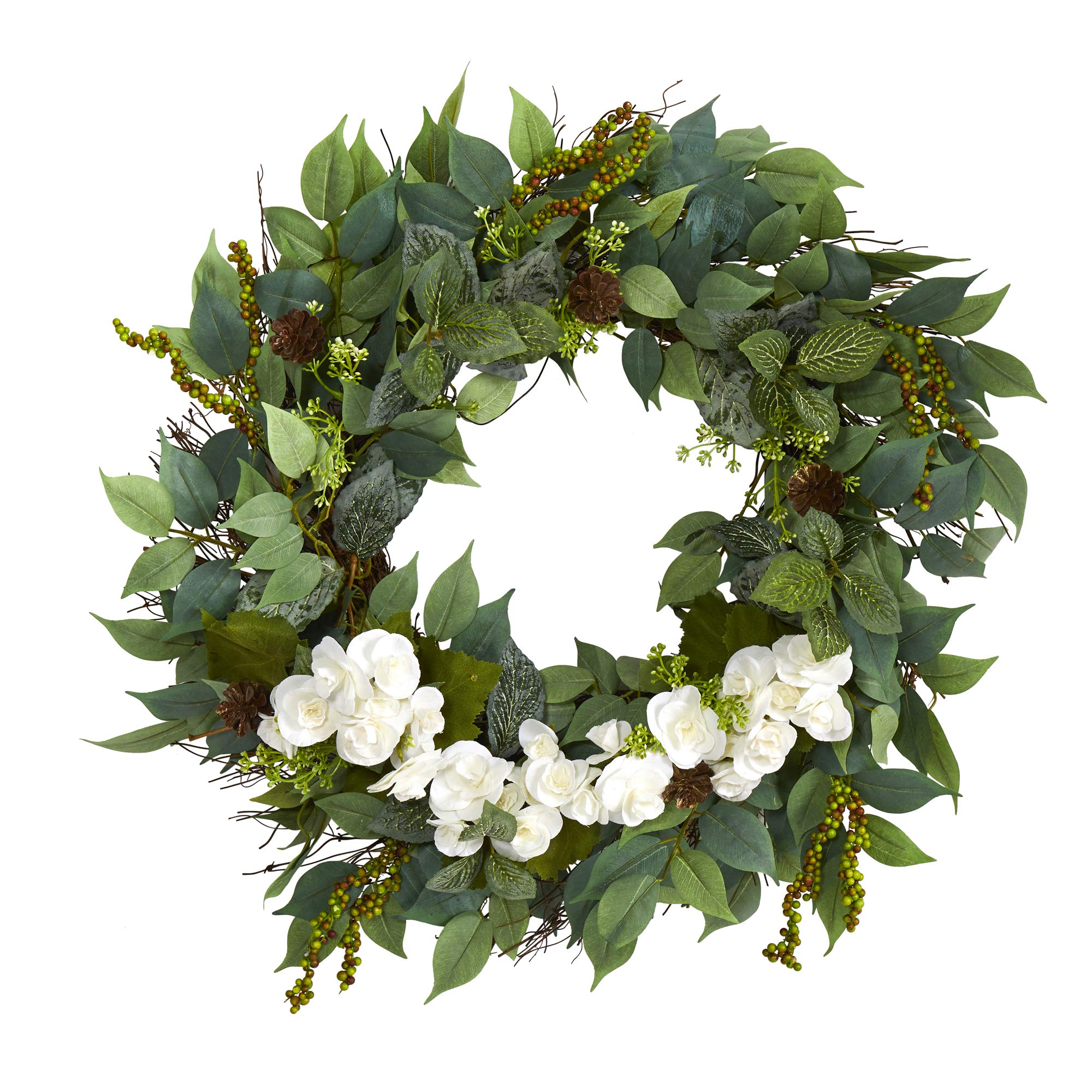 23in. Mixed Greens and Begonia Artificial Wreath - Elegant Home Decor for Front Door, Wall, or Seasonal Holiday Display