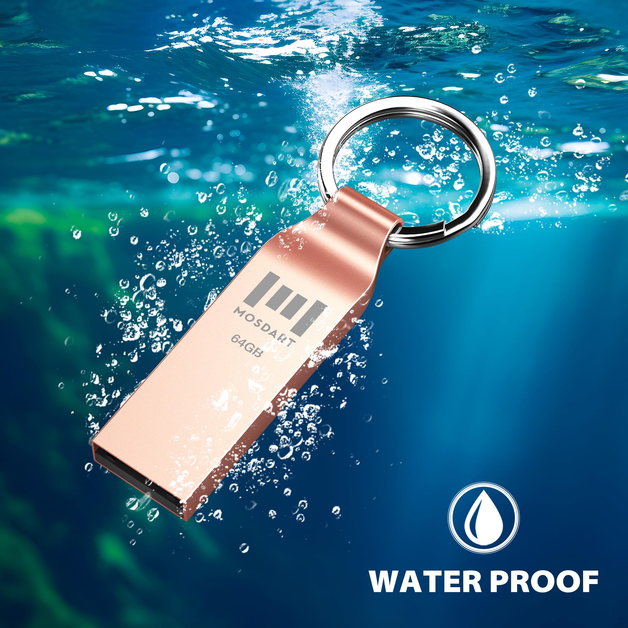 MOSDART 64GB Waterproof USB 2.0 Flash Drive - Metal Memory Stick with Keychain, exFAT Format for Windows/Mac, Rose Gold (2 Pack) - Perfect for System Backup, Data Storage & File Transfer at Home, Office or School