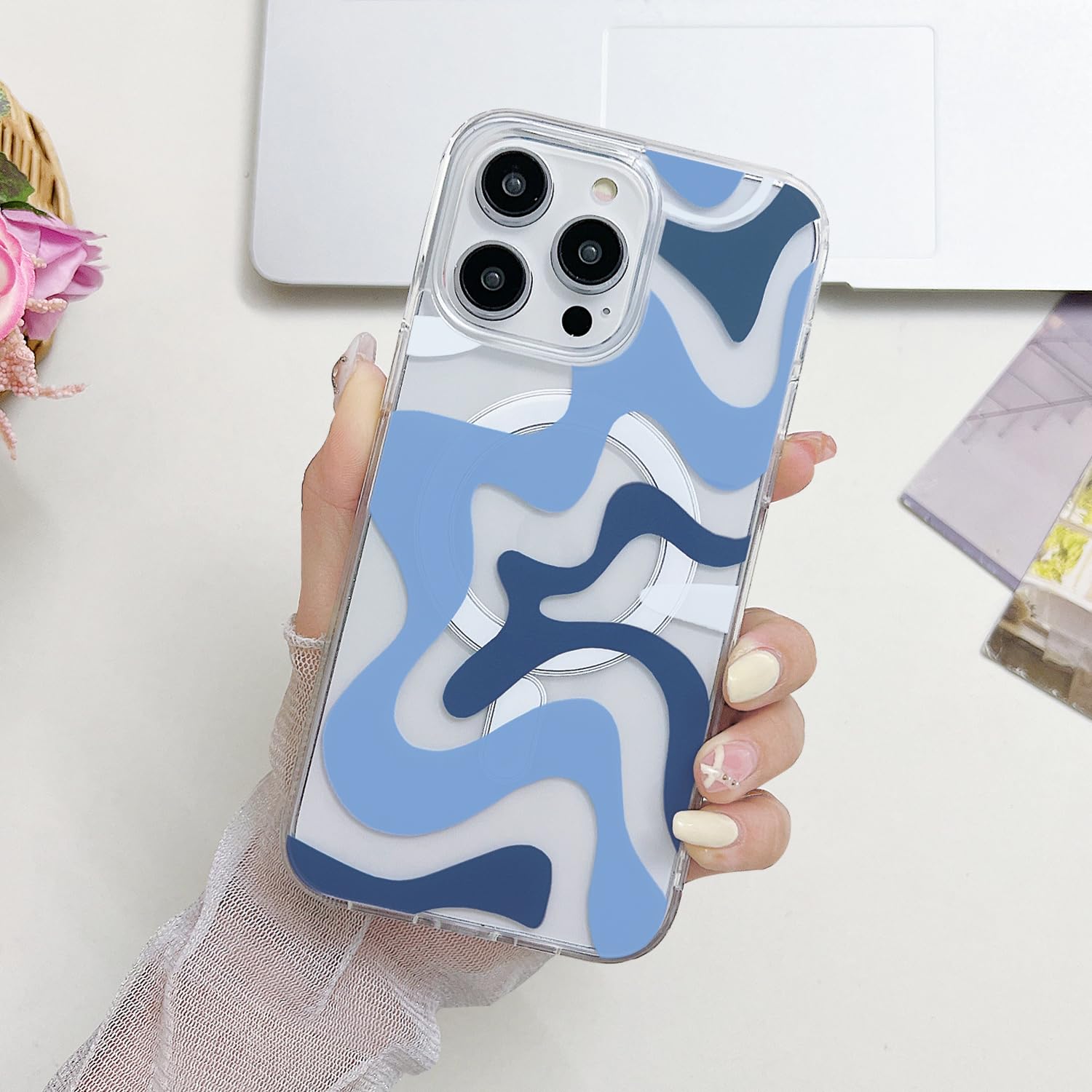 Magnetic iPhone 14 Case & iPhone 13 Case - MagSafe Compatible, Cute Wavy Art Design for Women, Soft TPU Edge with Shockproof PC Back Cover (Blue) - Perfect for Everyday Protection & Wireless Charging