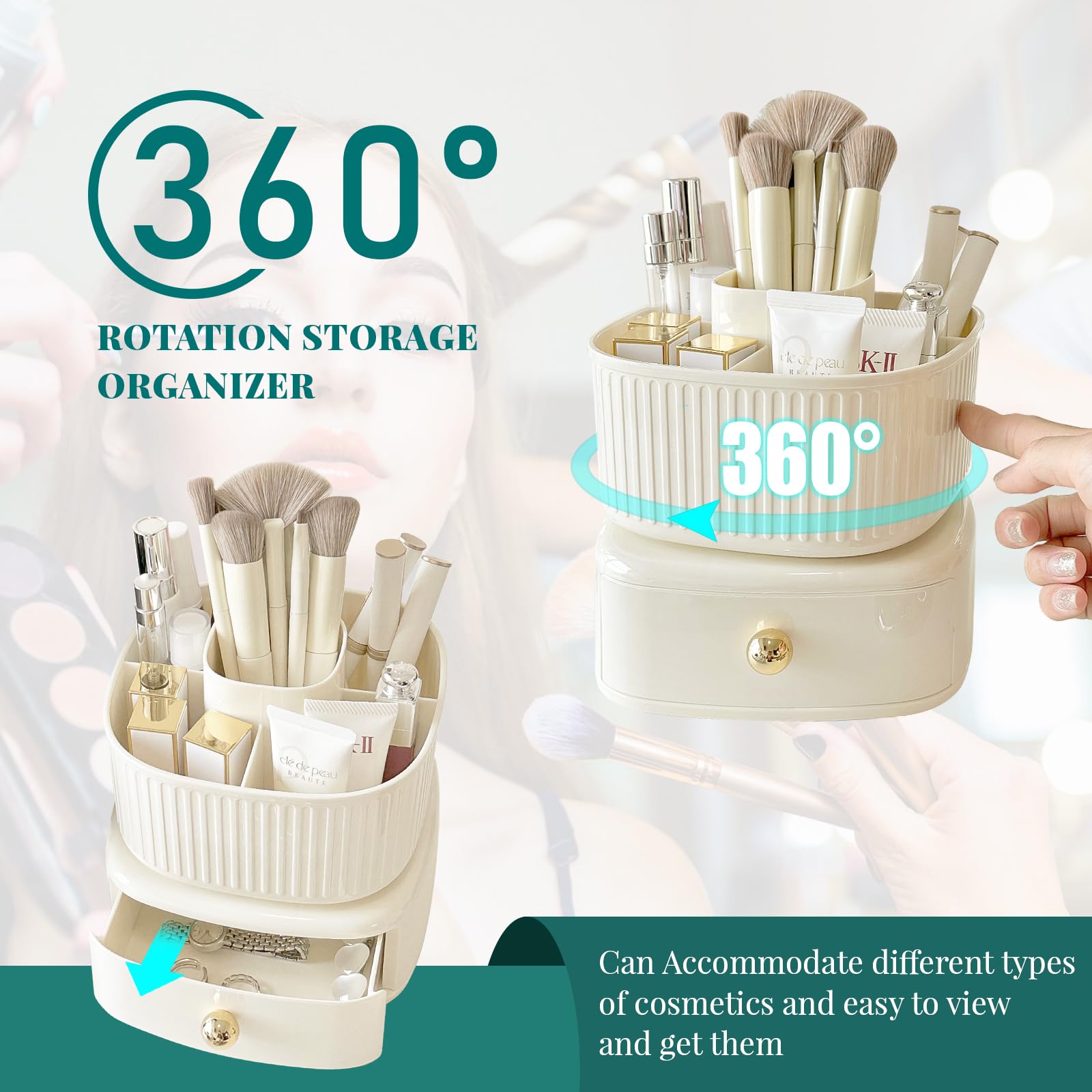 360° Rotating Makeup Brush Holder with 5 Slots & Drawer - Cream Vanity Organizer for Cosmetics | Perfect for Makeup Brushes, Lipsticks & Beauty Tools on Dressing Table or Bathroom Counter