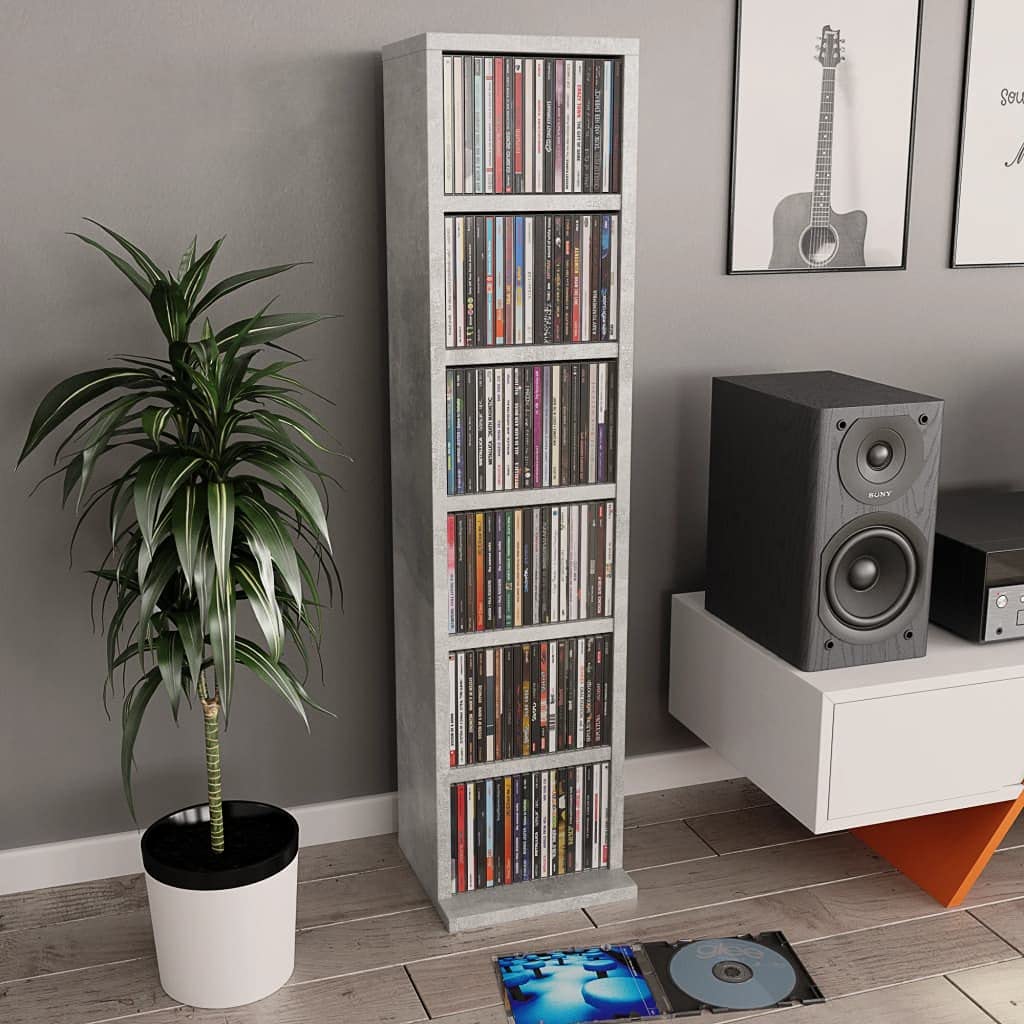 6-Tier Bookcase Media Cabinet - Freestanding Storage Display Rack for Books, Blu-Rays, DVDs, CDs & Games - Concrete Gray - Perfect for Living Room, Home Office & Entertainment Center Organization