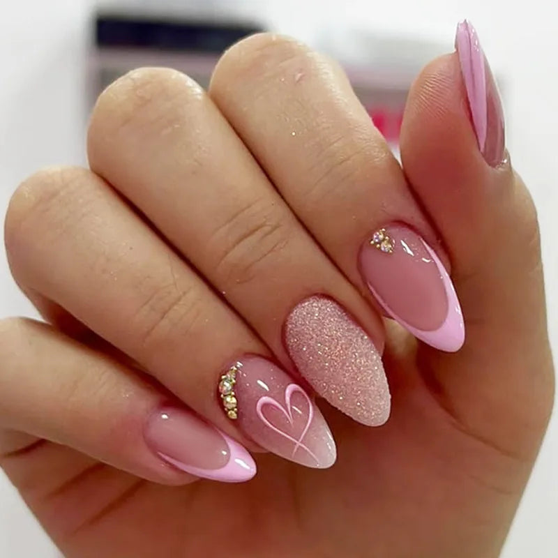 24Pcs Glitter Gradient Love Fake Nails - Short Almond French Design Press on Nails for Valentine's Day, Party, Wedding, Prom | Pink False Nails for Sweet Girls & Women | Easy to Apply, Reusable Artificial Nails