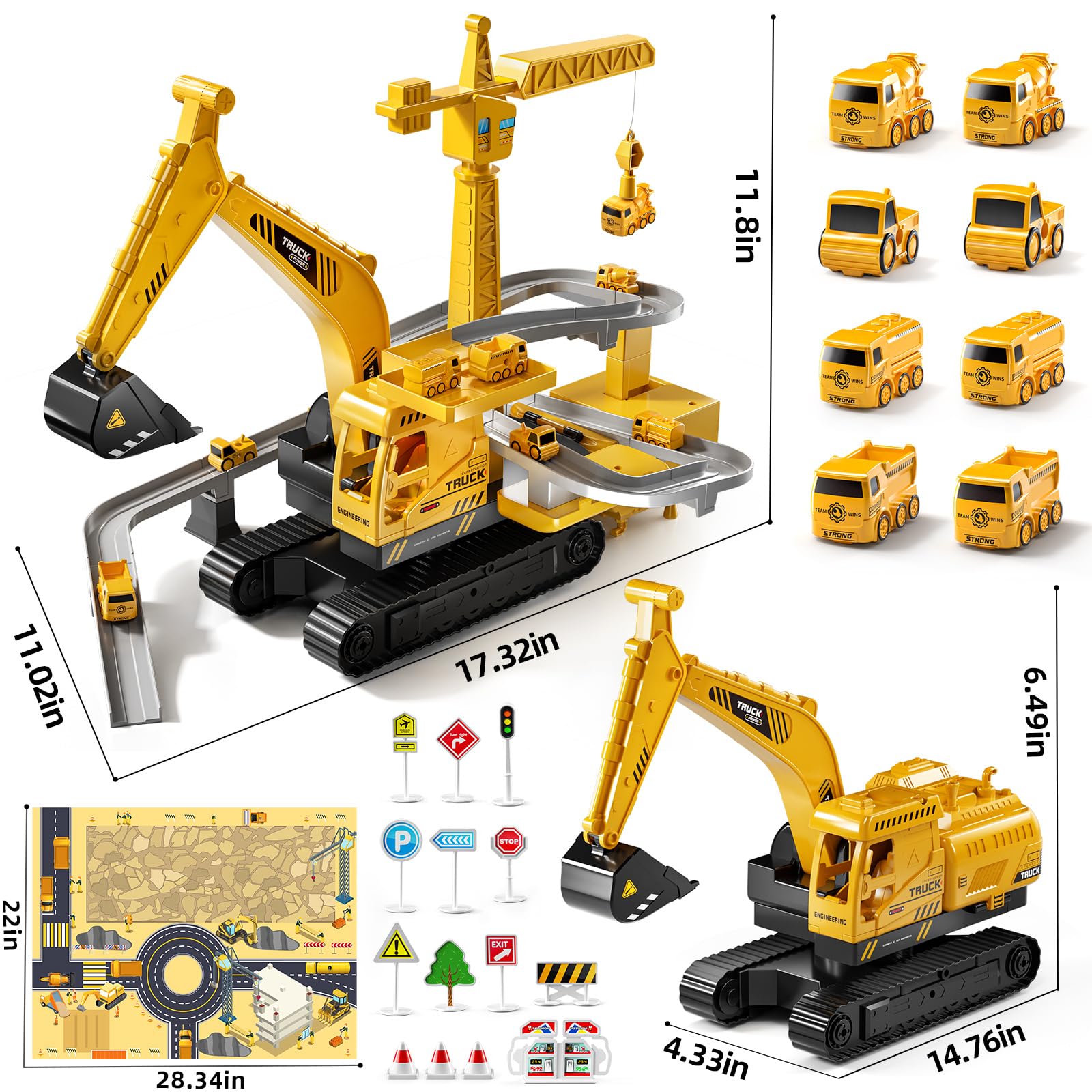 TEMI Construction Truck Toys for Kids Ages 3-7 - Engineering Digger & Crane Playset with Race Tracks, Excavator Toy for Toddlers Boys & Girls - Perfect Gift for 4-6 Year Olds | Outdoor Sandbox Play & Indoor Pretend Construction Games