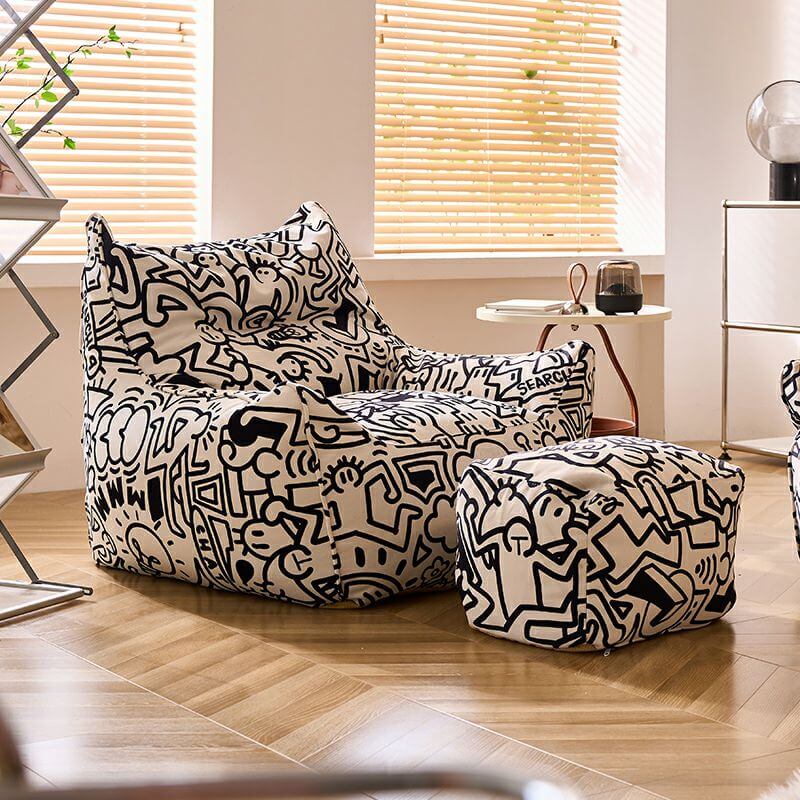 Large Flannel Cartoon Themed Bean Bag Chair with Removable Machine Washable Cover & Zipper Closure - White | Perfect for Kids' Rooms, Game Rooms & Cozy Reading Nooks