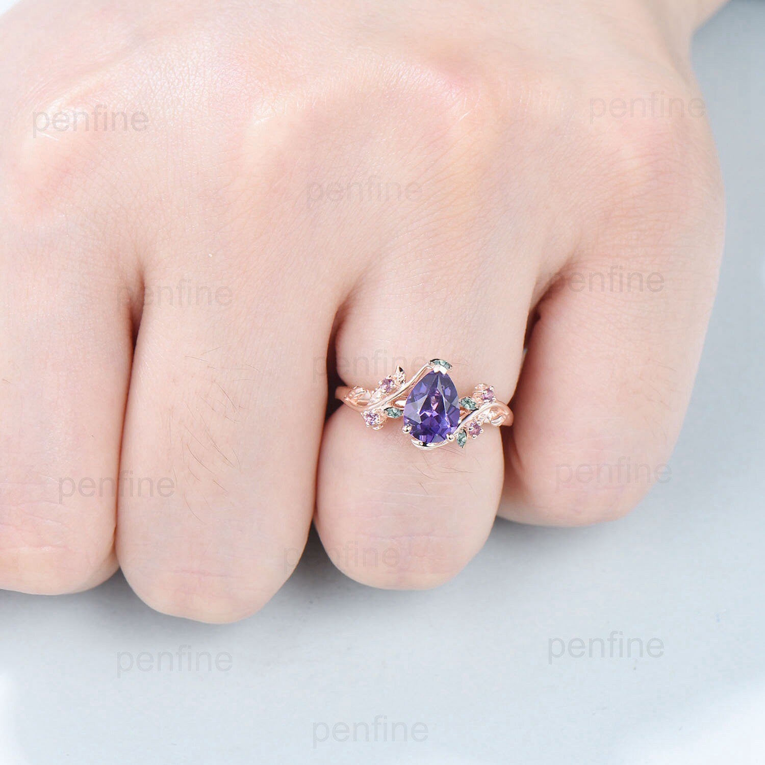 Vintage Twig Pear Shaped Engagement Ring - Purple Sapphire & Moss Agate Wedding Branch Ring with Leaf Design | Natural Inspired Jewelry for Bridal, Anniversary & Boho Fashion