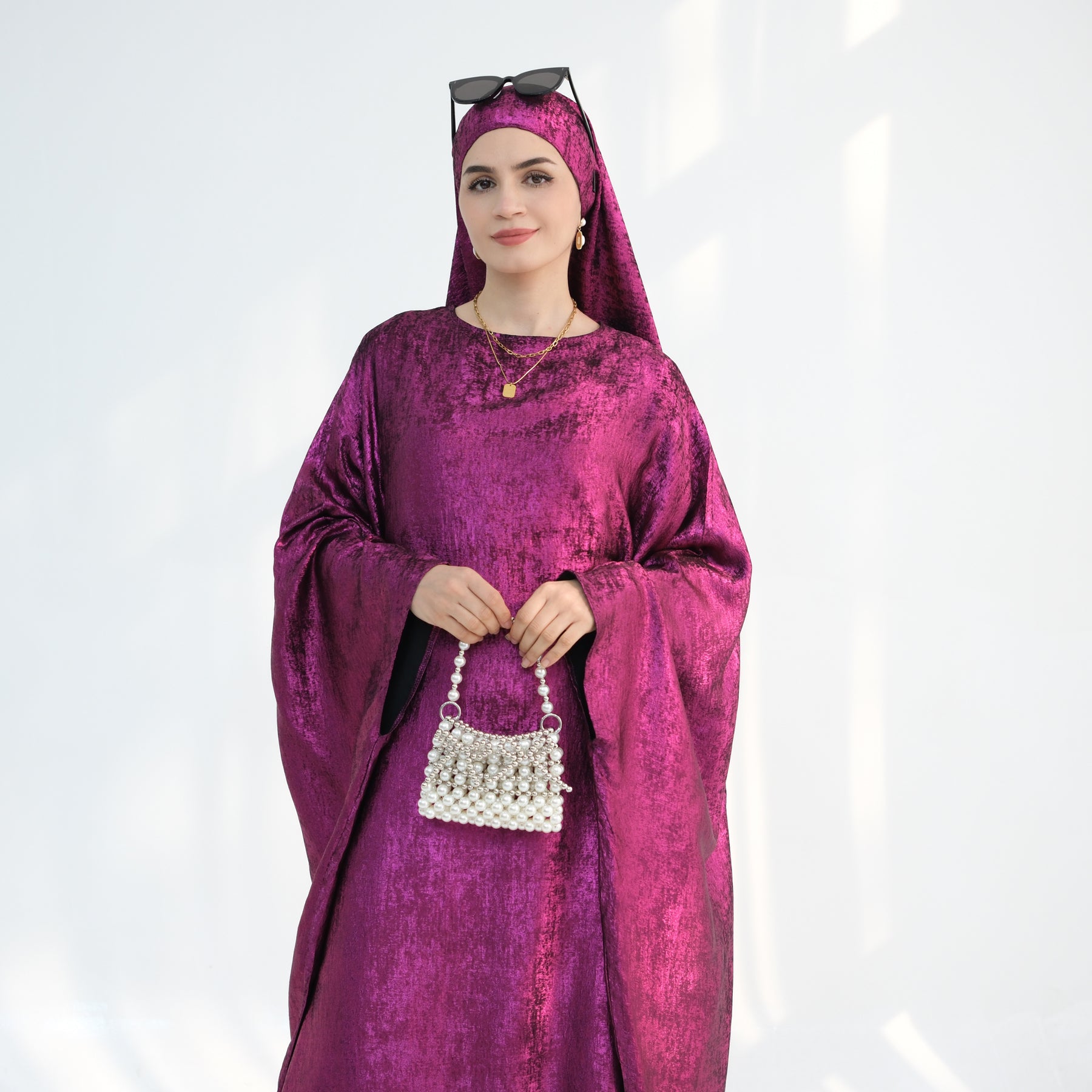 Linora Shimmer Butterfly Abaya - Elegant Magenta Islamic Dress for Women | Perfect for Eid, Prayer, and Special Occasions