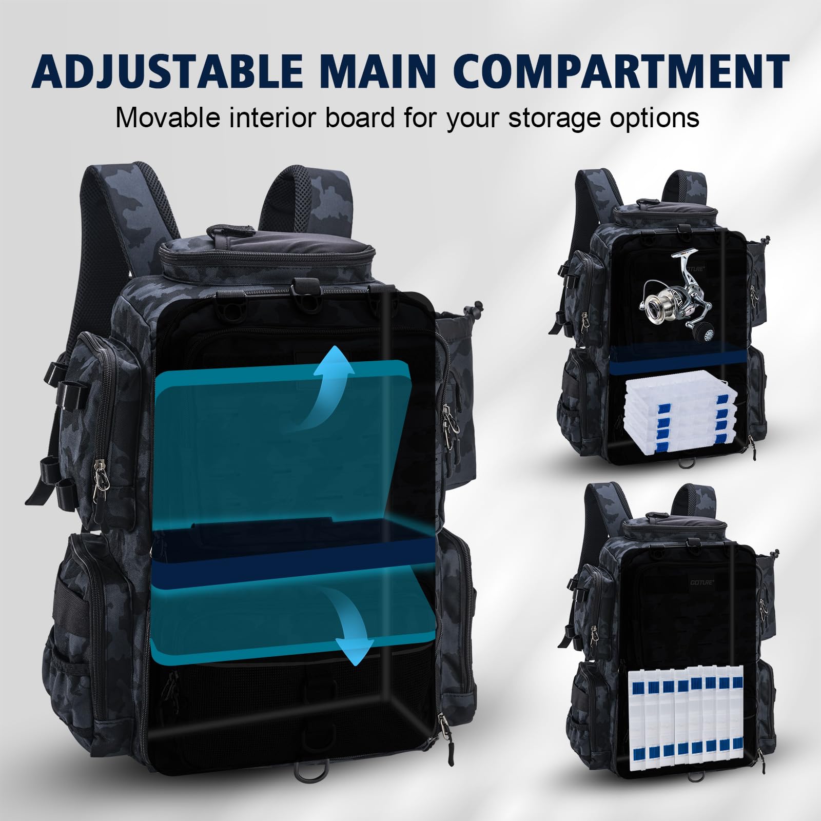 Goture 45L 600D Fishing Backpack with 4 Tackle Boxes & Rod Holders - Waterproof Large Fishing Gear Storage Bag with 8 Lure Pockets & Rain Cover - Perfect for Camping, Hiking, Bass Fishing and Outdoor Adventures