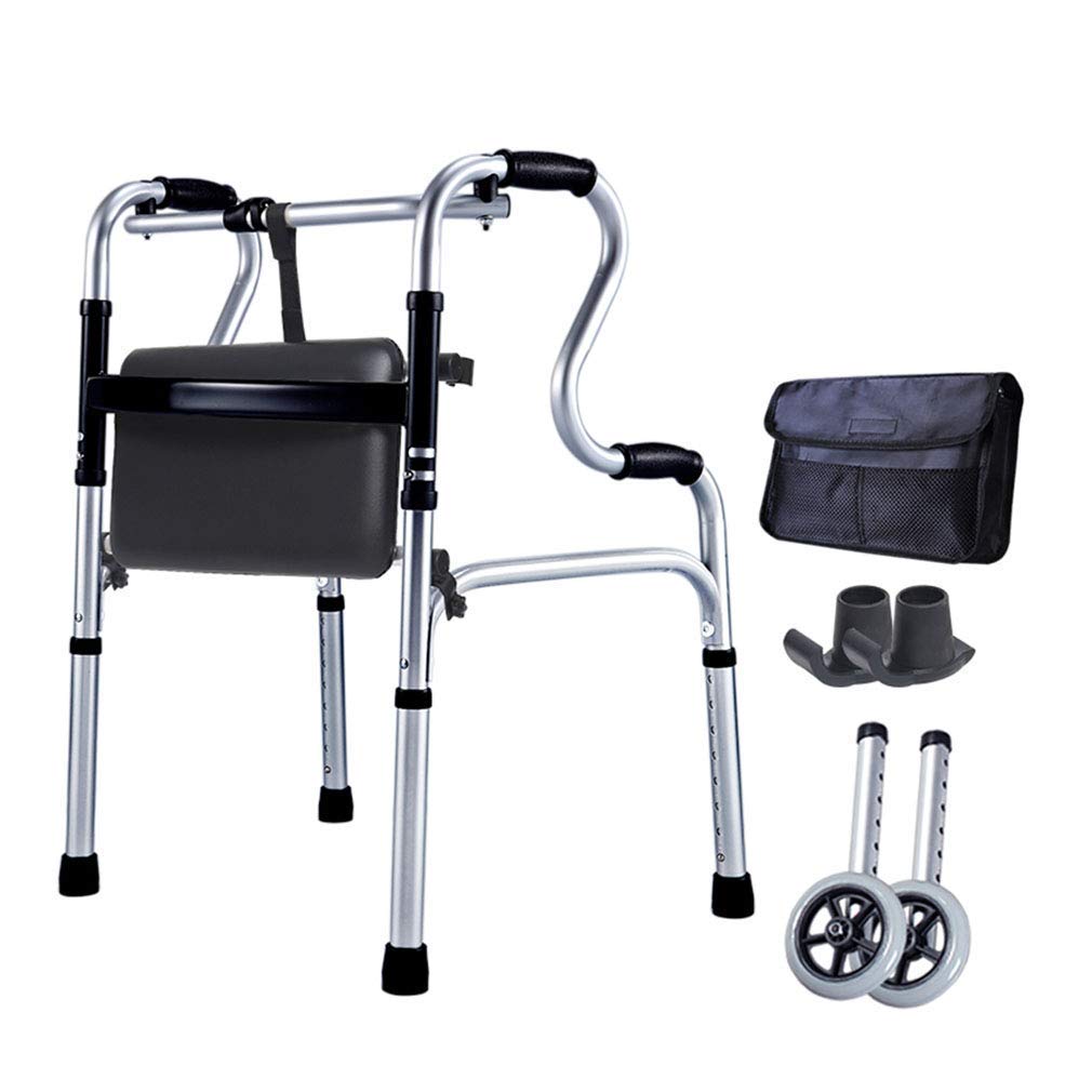 Foldable 2-Wheel Rollator Walker with Adjustable Height - Reversible Leather Pad, Shower Chair & Transport Trolley | Includes Carry Bag & Ski Mat | Mobility Aid for Seniors & Handicapped | Ideal for Indoor/Outdoor Use, Shopping & Bathroom Safety