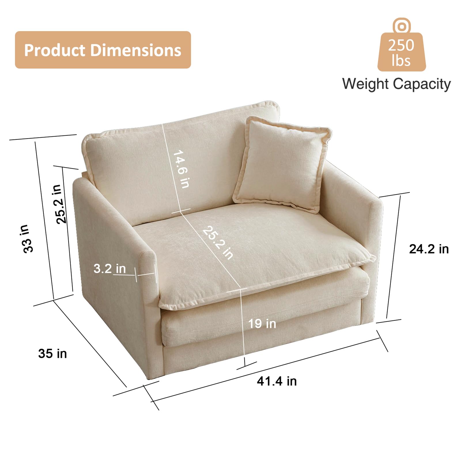 KIVENJAJA Chenille Single Sofa Chair - 41.4”W Oversized Modern Accent Armchair with Deep Seat & Pillow, Upholstered in Light Camel - Perfect for Living Room, Bedroom, Office & Small Apartment - Cozy Reading Nook & Relaxation Spot