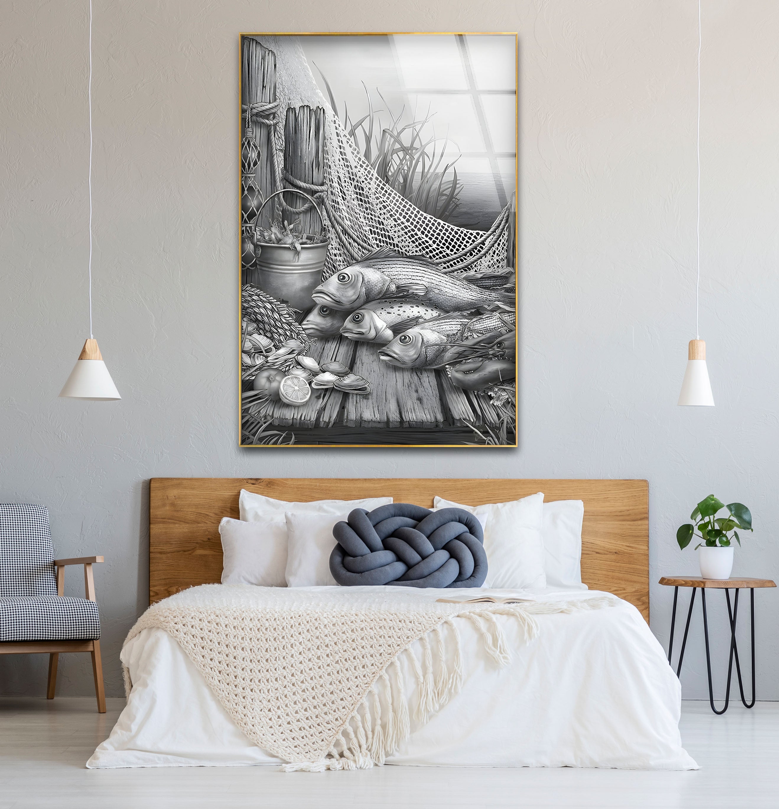 Black and White Fish Art Glass Wall Decor - Elegant Ocean-Themed Mural for Living Room, Bedroom & Office