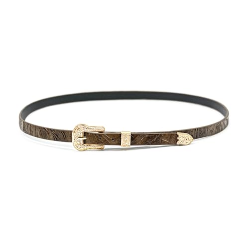 Brown Inlaid Floral Leather Band Gold Buckle