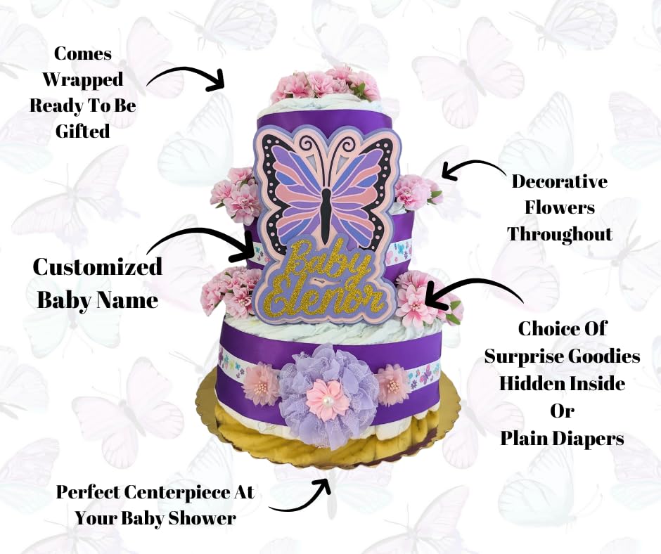 Handmade Purple and Pink Butterfly Theme Diaper Cake for Baby Girl Showers - Custom Name Keepsake Gift, Sprinkle Table Centerpiece & Photo Prop | Perfect for Baby Showers, Gender Reveals & Nursery Decor