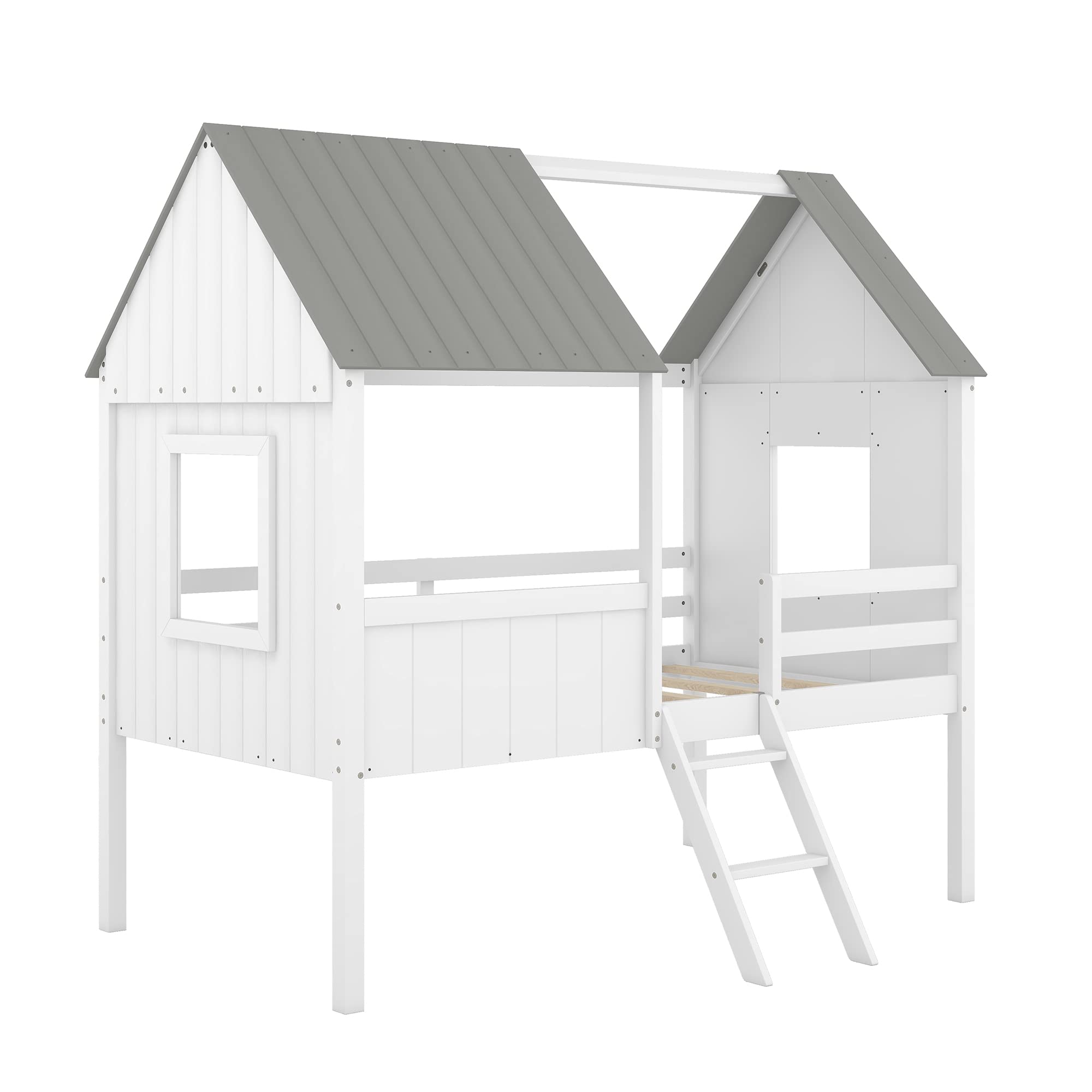 Harper & Bright Designs Twin Size Wooden House Bed Frame for Kids & Teens - Low Loft Bed with Side Windows & Roof - No Box Spring Needed (White+Gray) - Perfect for Small Bedrooms, Playrooms & Kids' Sleepovers