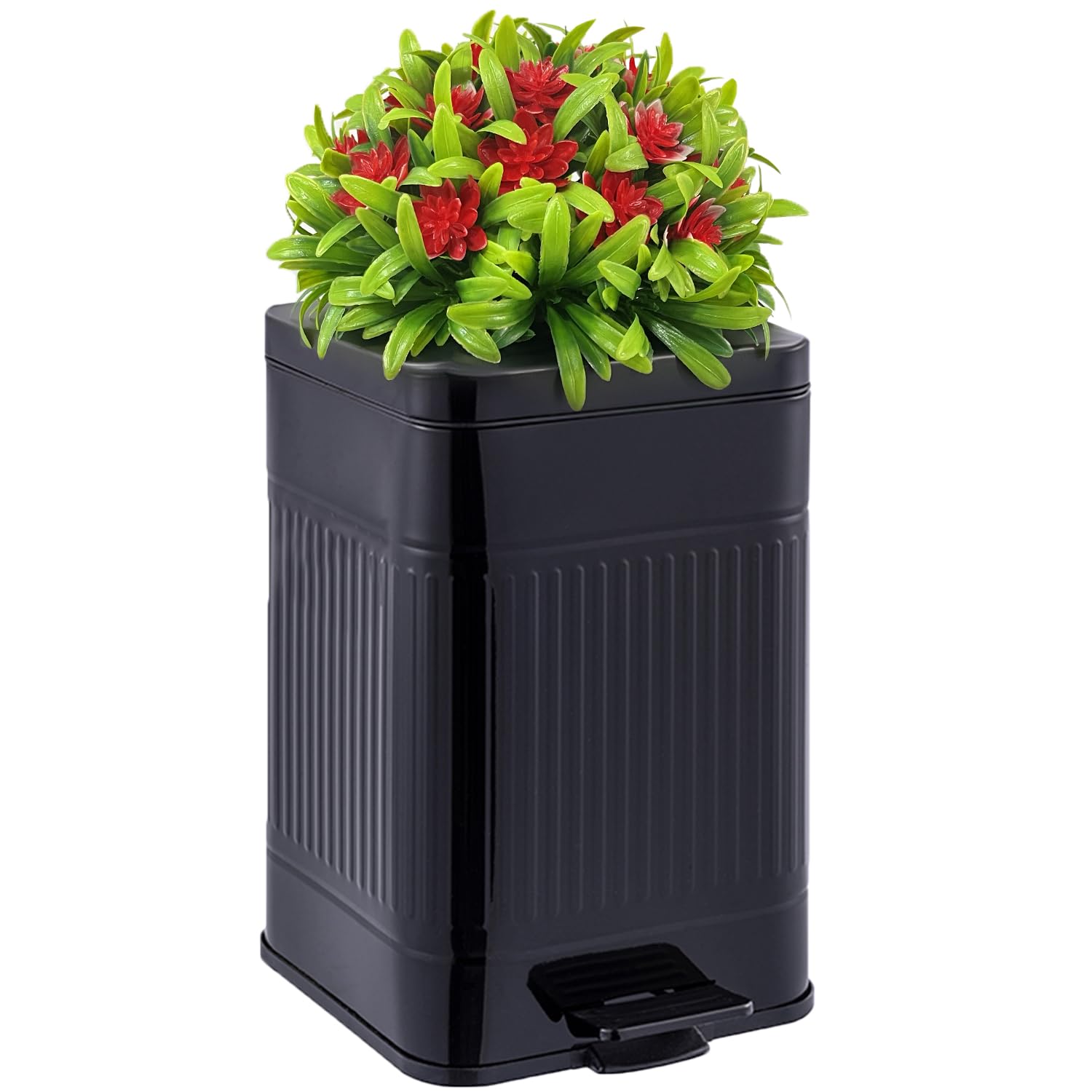Yatmung 5L/1.3Gal Stainless Steel Metal Trash Can with Lid - Pedal Dog Waste Bin for Outdoor, Bathroom, Bedroom & Office - Black Small Garbage Can for Pet Poop Disposal & Plant Decor
