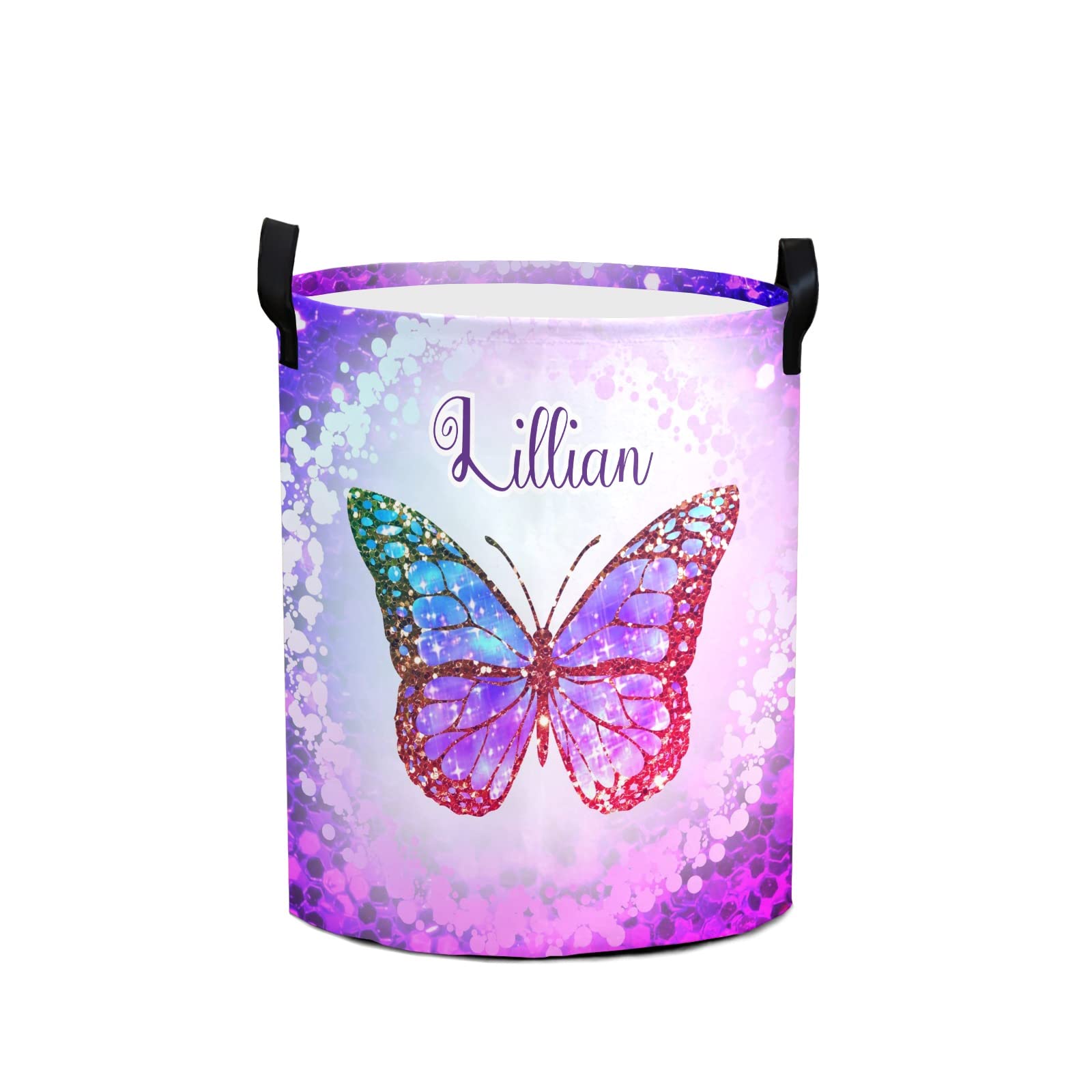 Custom Personalized Purple Butterfly Laundry Basket with Handles - Waterproof Collapsible Clothes Hamper for Bedroom & Bathroom - Large Capacity Storage Organizer for Home, Dorm, Laundry Room Decor