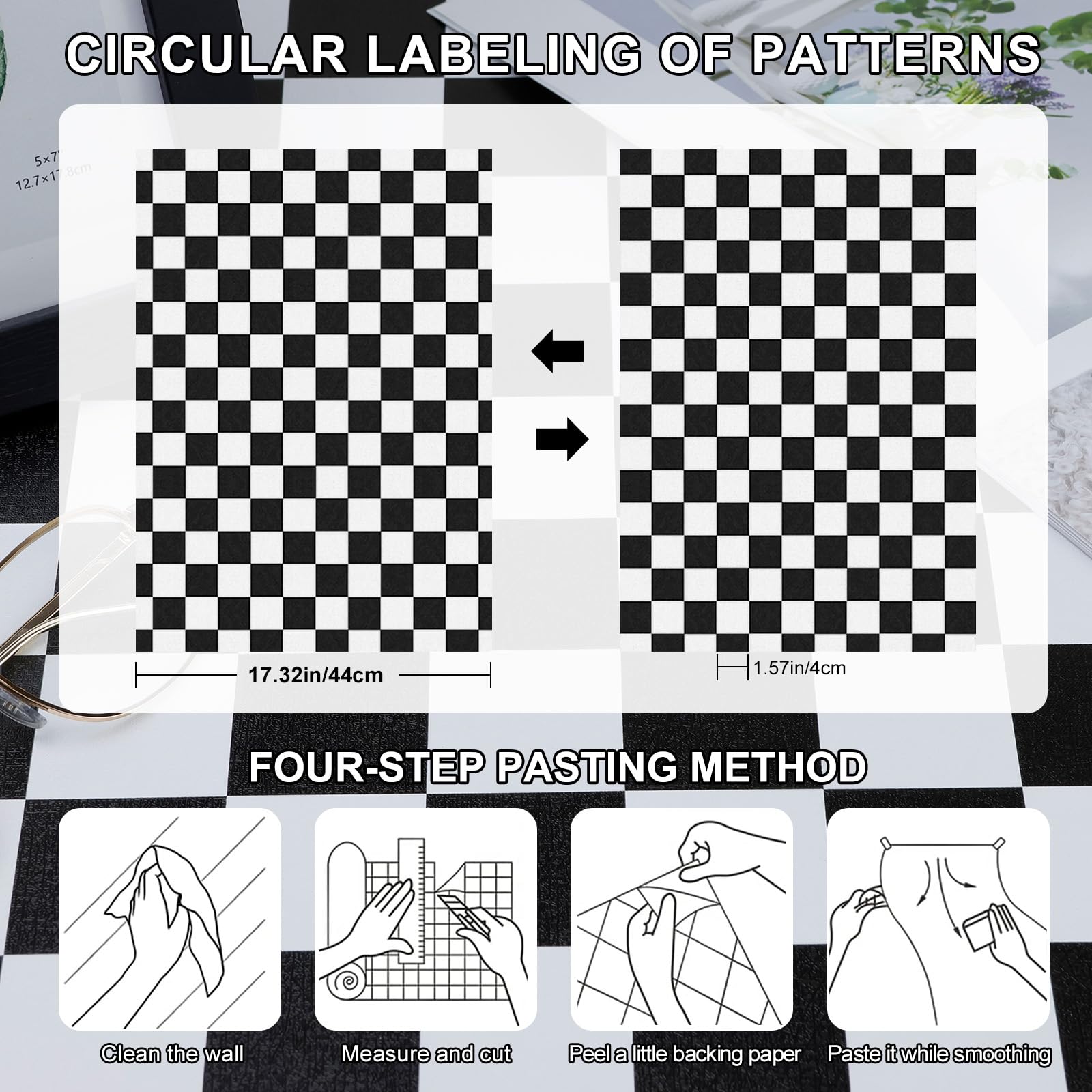 Amiya Black and White Checkered Peel and Stick Wallpaper - 17.3”x80” Self-Adhesive Vinyl Contact Paper for Shelf Liner, Cabinets, Furniture, Bedroom & Living Room Decor - Easy Removable Modern Checkerboard Mosaic Pattern for Home Renovation and DIY Projects