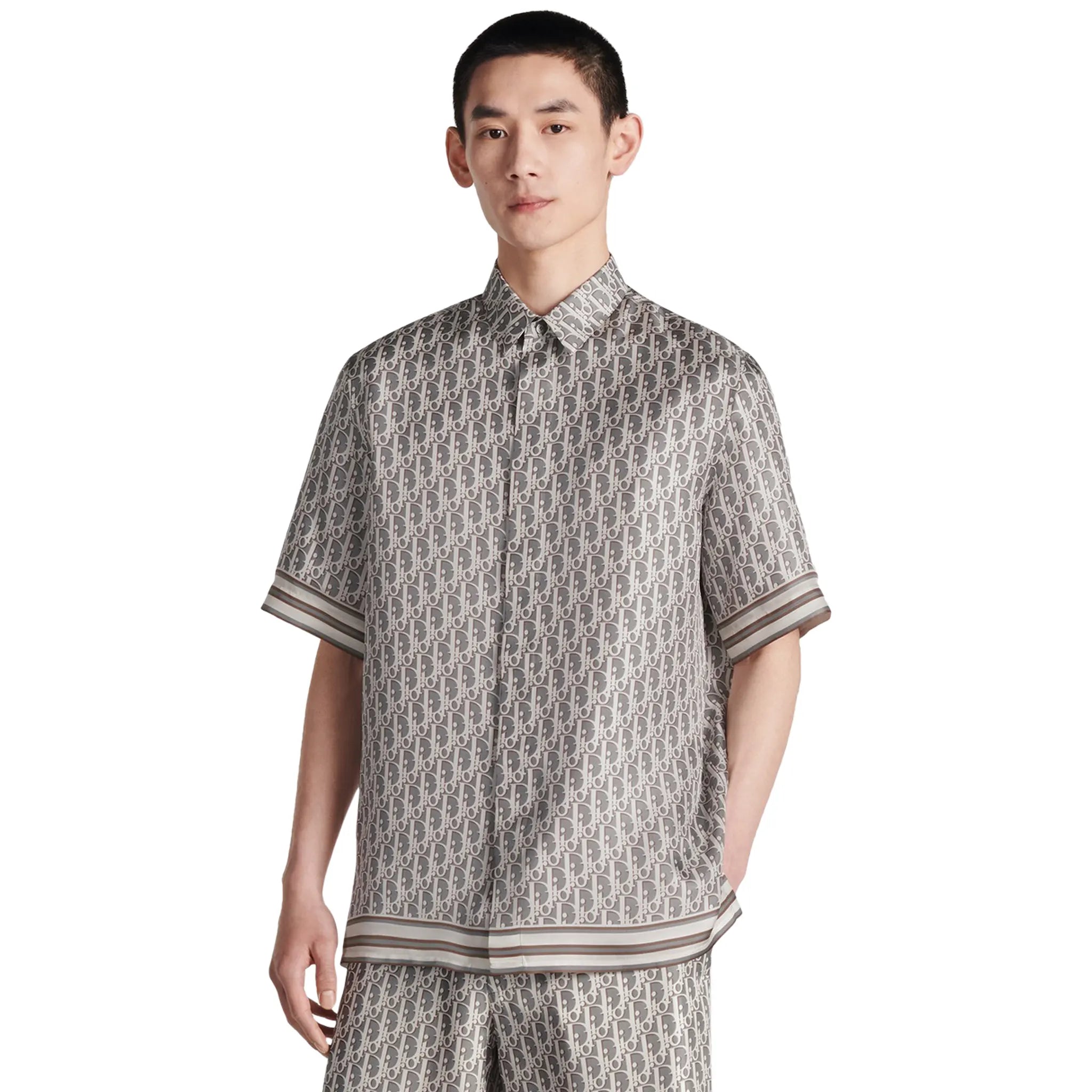 Dior Oblique Short Sleeve Grey Silk Twill Shirt for Men - Luxury Casual Wear & Office Fashion