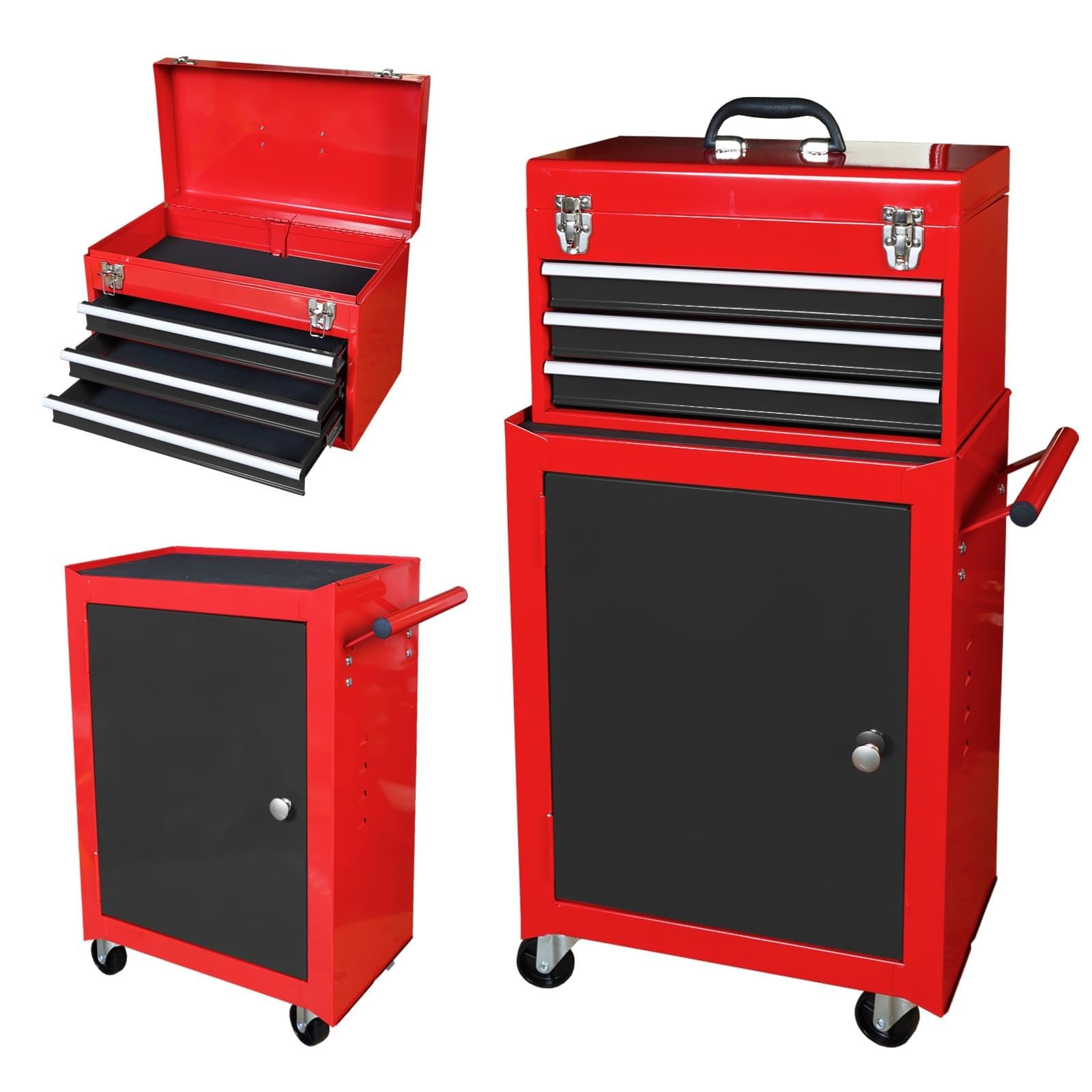 BIG RED ATBD134R-RB-4 Torin Rolling Tool Chest - 3 Drawer Workshop Organizer with Detachable Storage Cabinet & Adjustable Shelf, Red/Black - Perfect for Garage, Workshop & DIY Projects