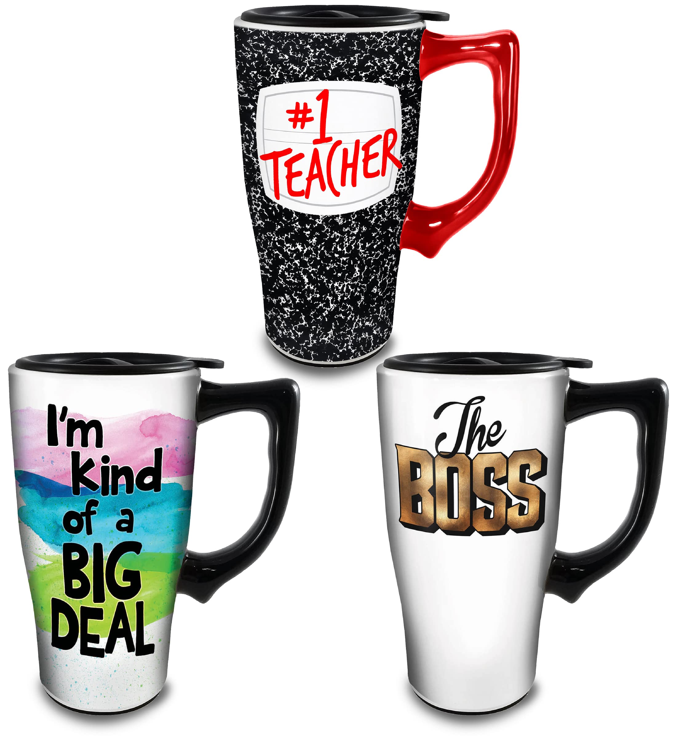 Mozlly 16oz Ceramic Travel Mug Set of 3 - Insulated Coffee Cups with Lids for Hot & Cold Drinks - Funny Gift for Boss, Teacher, Coworkers - Perfect for Office, School, Commuting & Road Trips
