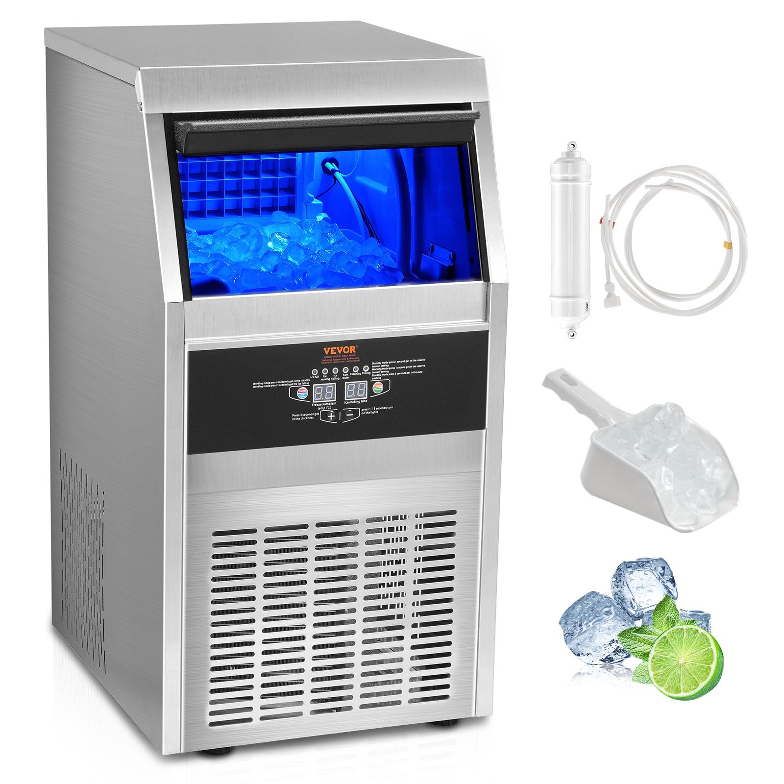 VEVOR Commercial Ice Maker 80lbs/24H, 40 Ice Cubes in 12-15 Mins, 24lbs Storage, Stainless Steel with Rectangular Bottom - Perfect for Restaurants, Bars, Cafes, and Home Use