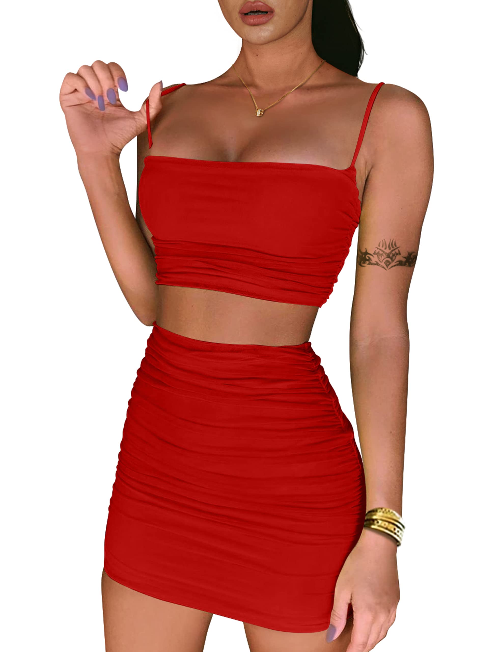 BEAGIMEG Women's Ruched Cami Crop Top & Bodycon Skirt 2-Piece Outfit Set - Sexy Summer Dress for Date Night, Clubwear, and Casual Outings
