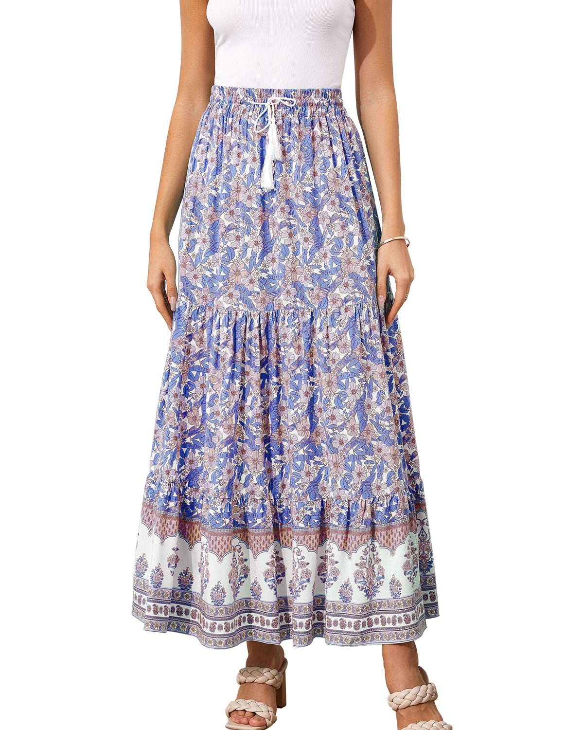 Boho Maxi Skirt for Women - Floral Print A-Line Skirt with Elastic Waist, Tiered Ruffle & Button Split | Perfect for Beach Vacations, Summer Outfits & Boho Fashion