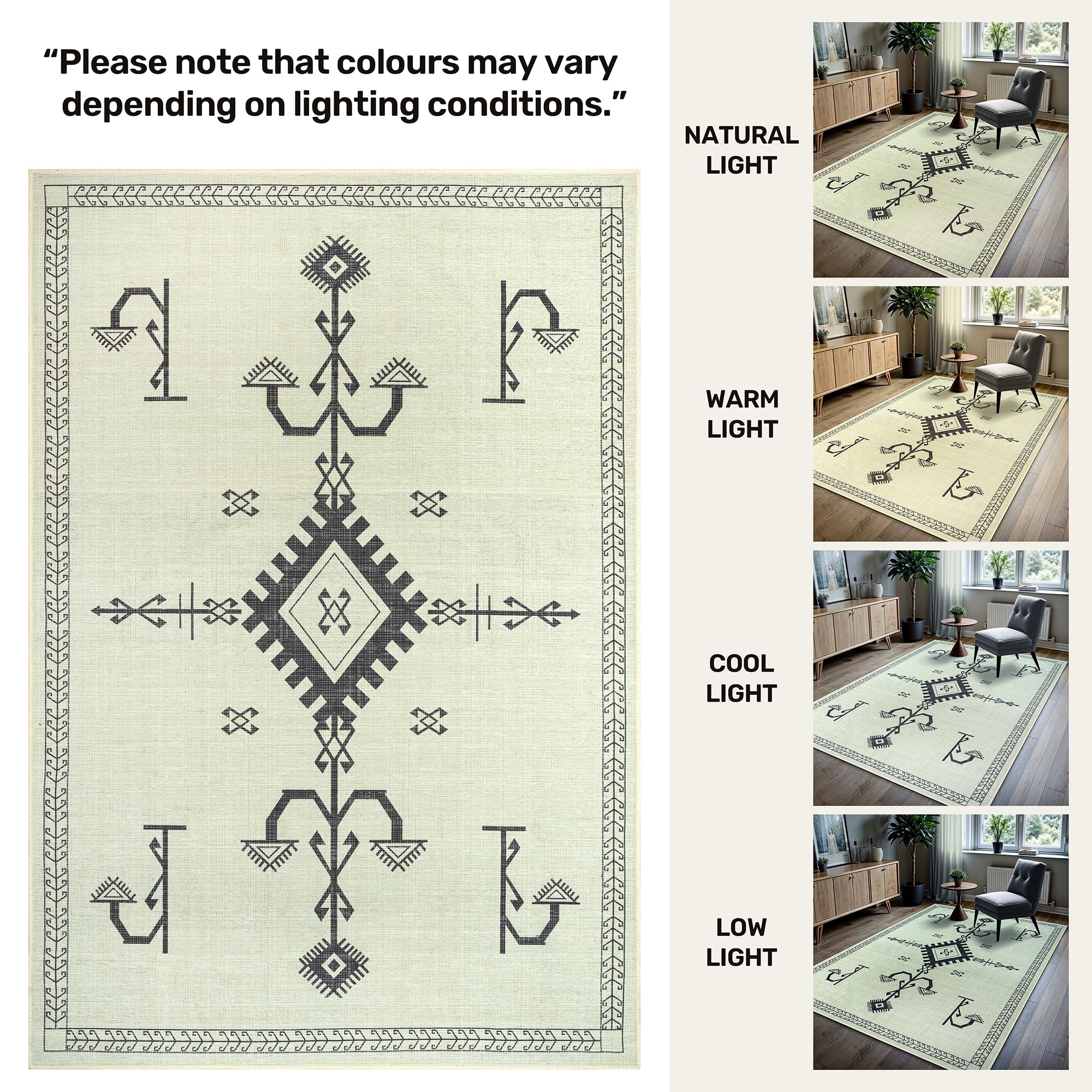 GLN Bohemian Collection - Machine Washable Non-Slip Low Pile Chenille Area Rug for Living Room, Bedroom, Bathroom (6'6