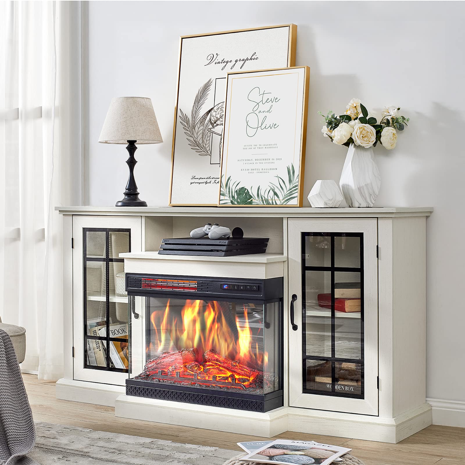 AMERLIFE 65 Inch 3-Sided Glass Fireplace TV Stand - 12 Color LED Media Console with Storage Doors - Rustic White Entertainment Center for Living Room, Bedroom & Home Theater