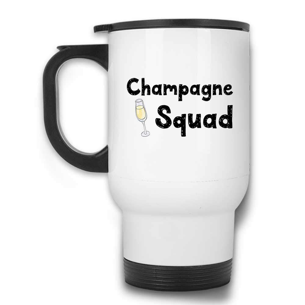 Funny Bachelorette Party Travel Mug - 14oz White Stainless Steel Champagne Squad Tumbler with Handle & Leakproof Lid | Perfect for Bridal Showers, Girls Trips & Bachelorette Party Gifts
