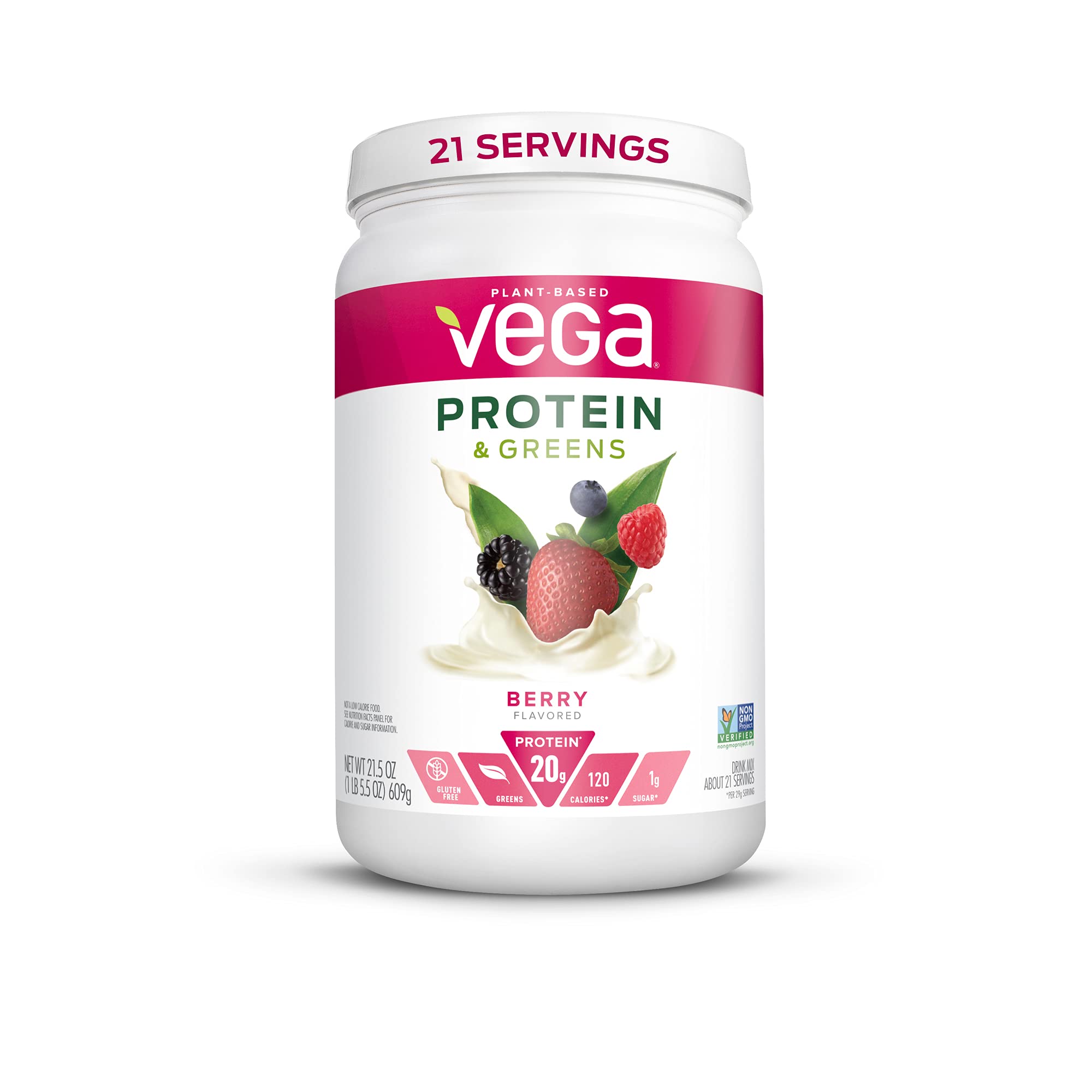 Vega Protein and Greens Vegan Protein Powder - Berry Flavor, 20g Plant-Based Protein, Low Carb, Keto Friendly, Dairy Free, Gluten Free, Non-GMO, Pea Protein for Men & Women, 1.3lb (21 Servings) | Post-Workout Recovery & Meal Replacement