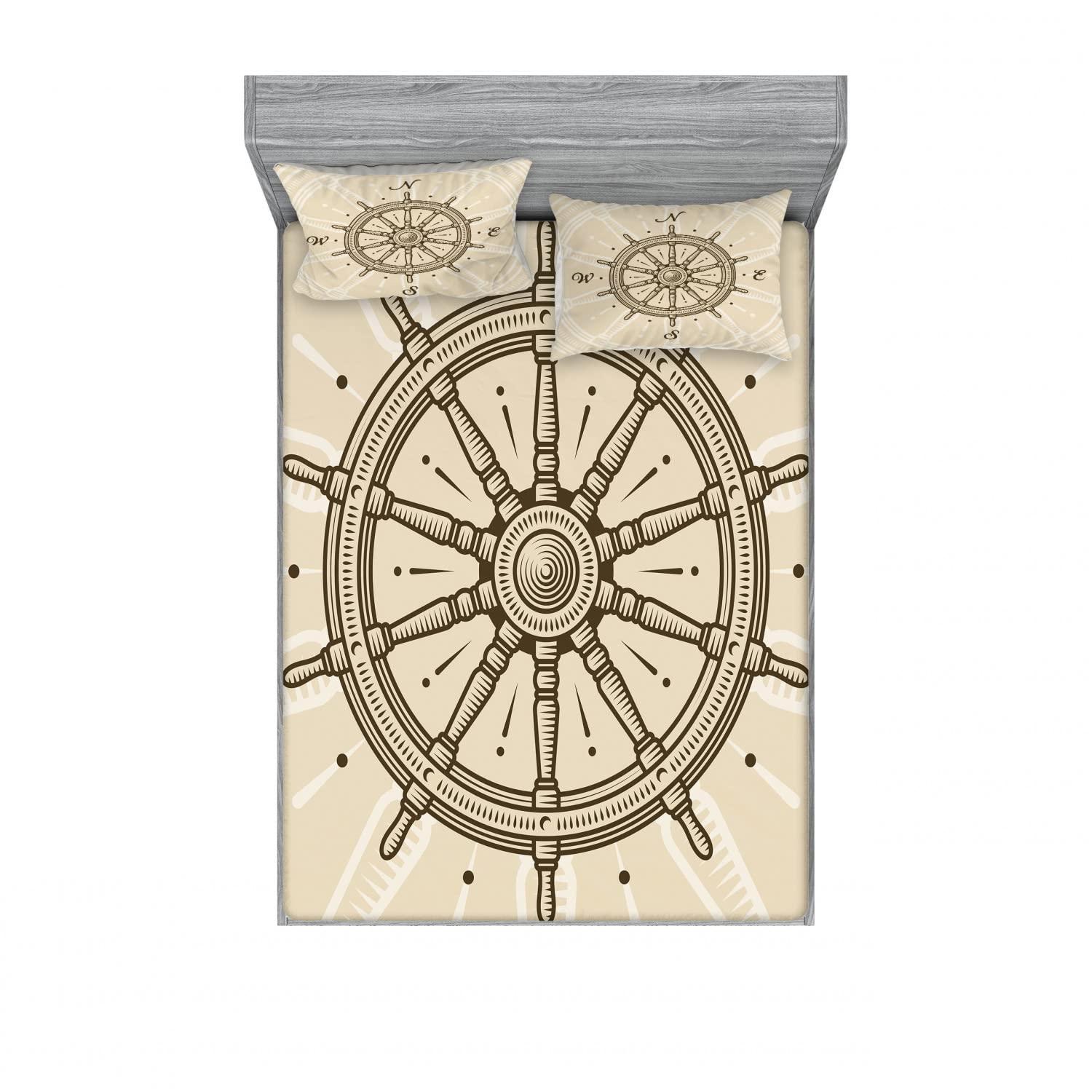 Ambesonne Vintage 2-Pack Fitted Sheet & Pillow Sham Set - Steering Wheel Travel Design - 4-Piece Bedding Decor - Includes 2 Twin XL Fitted Sheets & 4 Pillowcases - Beige & Brown - Perfect for Guest Rooms, Dorms, and RV Travel
