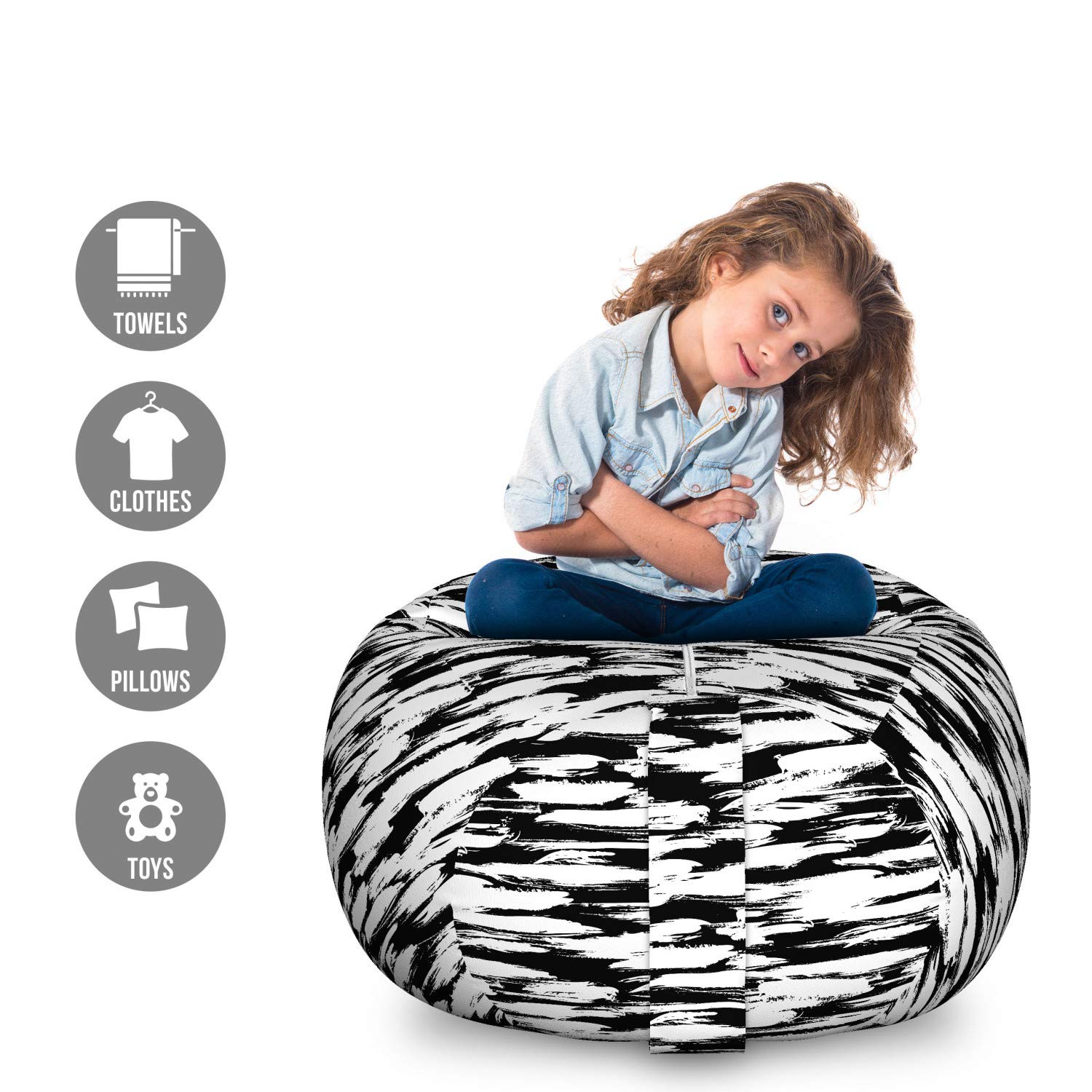 Ambesonne Retro Storage Toy Bag Chair - Large Washable Stuffed Animal Organizer with Bold Monochrome Brushstroke & Stripe Pattern (Black & White) - Perfect for Kids' Room, Nursery, Playroom & Dorm Organization