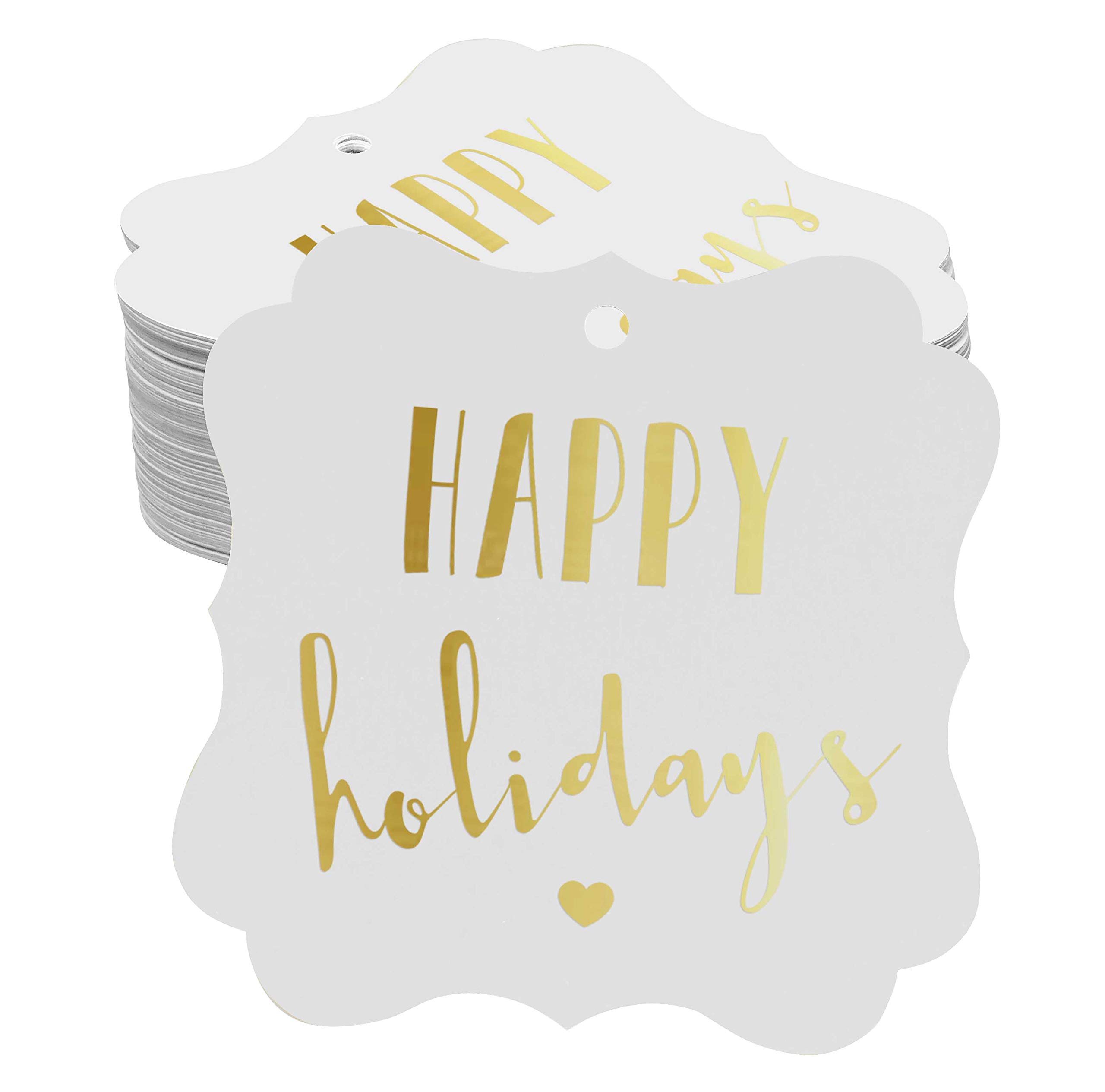 50 Pack Happy Holiday Paper Tags - DIY Craft Bracket Shape with Real Gold Foil - Perfect for Christmas Gifts, Party Decorations & Scrapbooking
